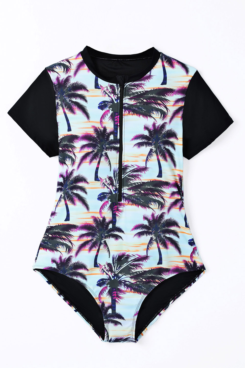 Black Plant Print Zip Front Half Sleeve One Piece Swimsuit