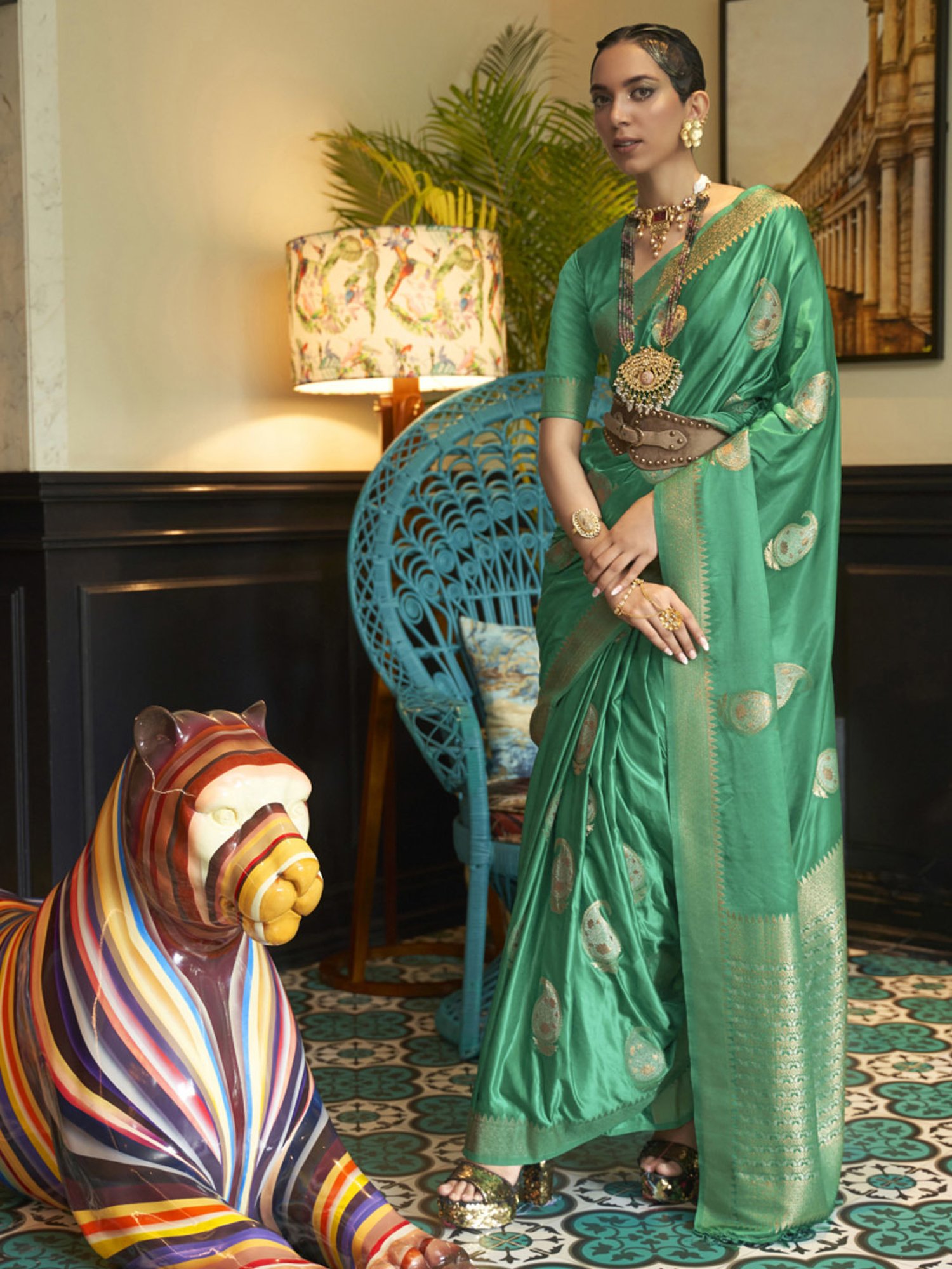 Elora Sea Green Woven Saree With Unstitched Blouse