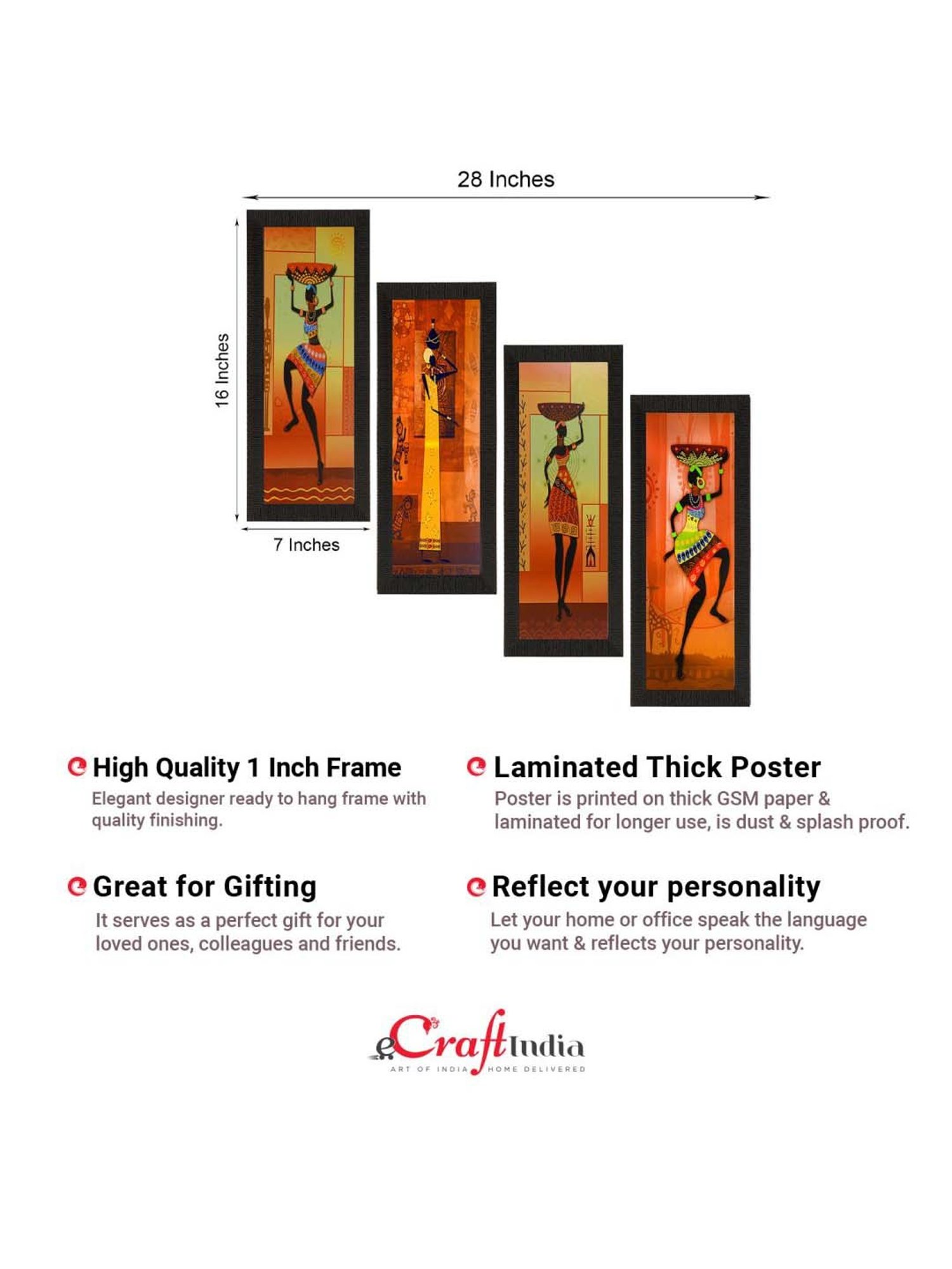 eCraftIndia Set of 4 Tribal Women Satin Matt Texture UV Art Painting