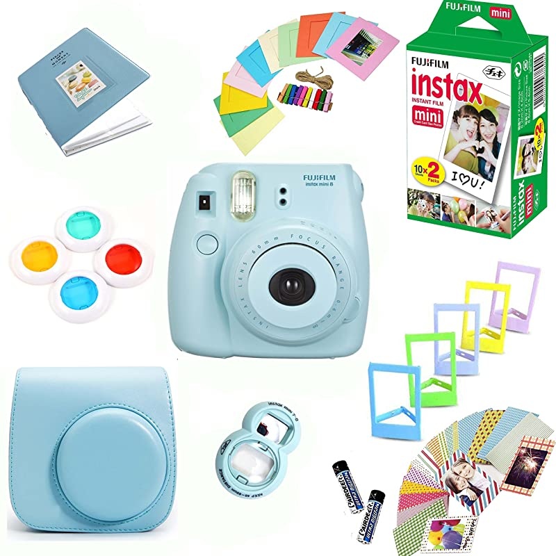 Instax Mini 8 Film Camera Blue + Instax Mini Film 20 Shots + Protective Camera Case + Selfie Lens + Filters + Frames Decorative Design Kit