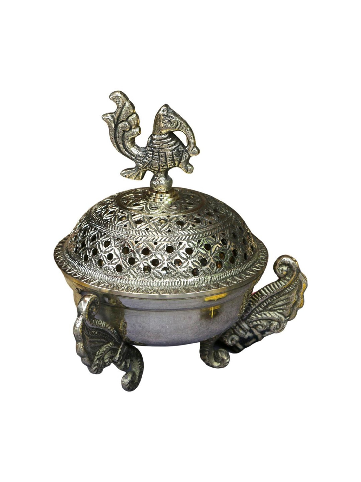 Ambi 3 Legged Peacock Top Pure Brass Dhuni Loban Sambrani Incense Burner