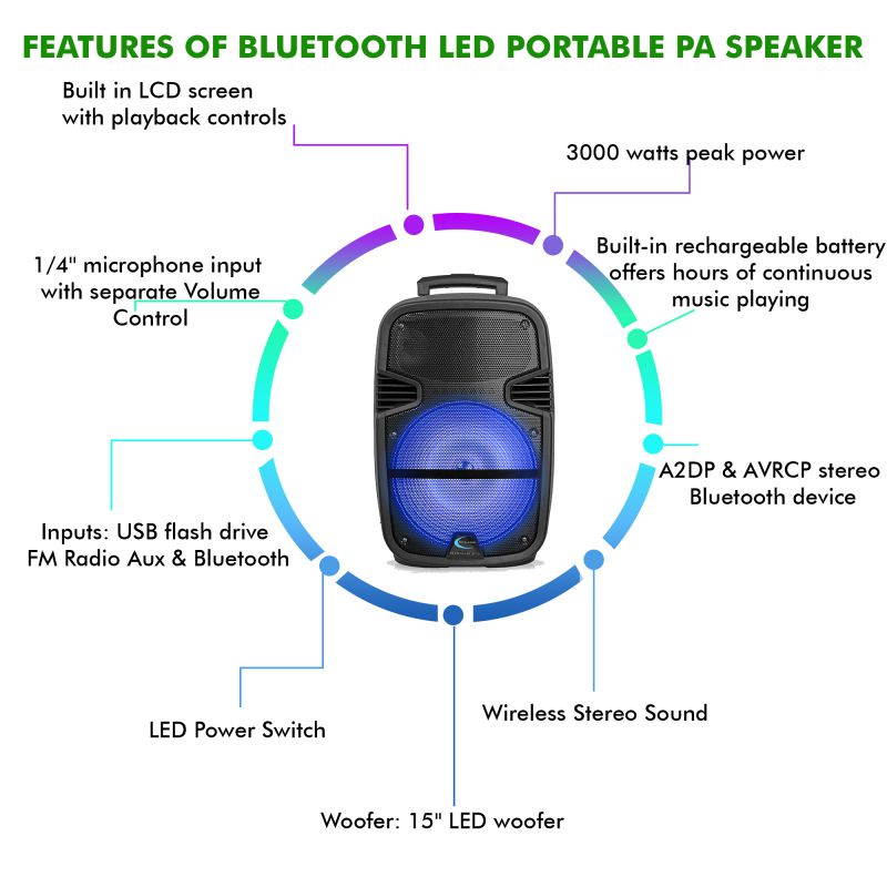 (Pack of 2) Technical Pro 3000 Watts Rechargeable 15 Inch Bluetooth LED Portable PA Speaker, Bluetooth Range 30 Feet, built-in LCD Screen, Great for Party, Event, Tailgate, and More
