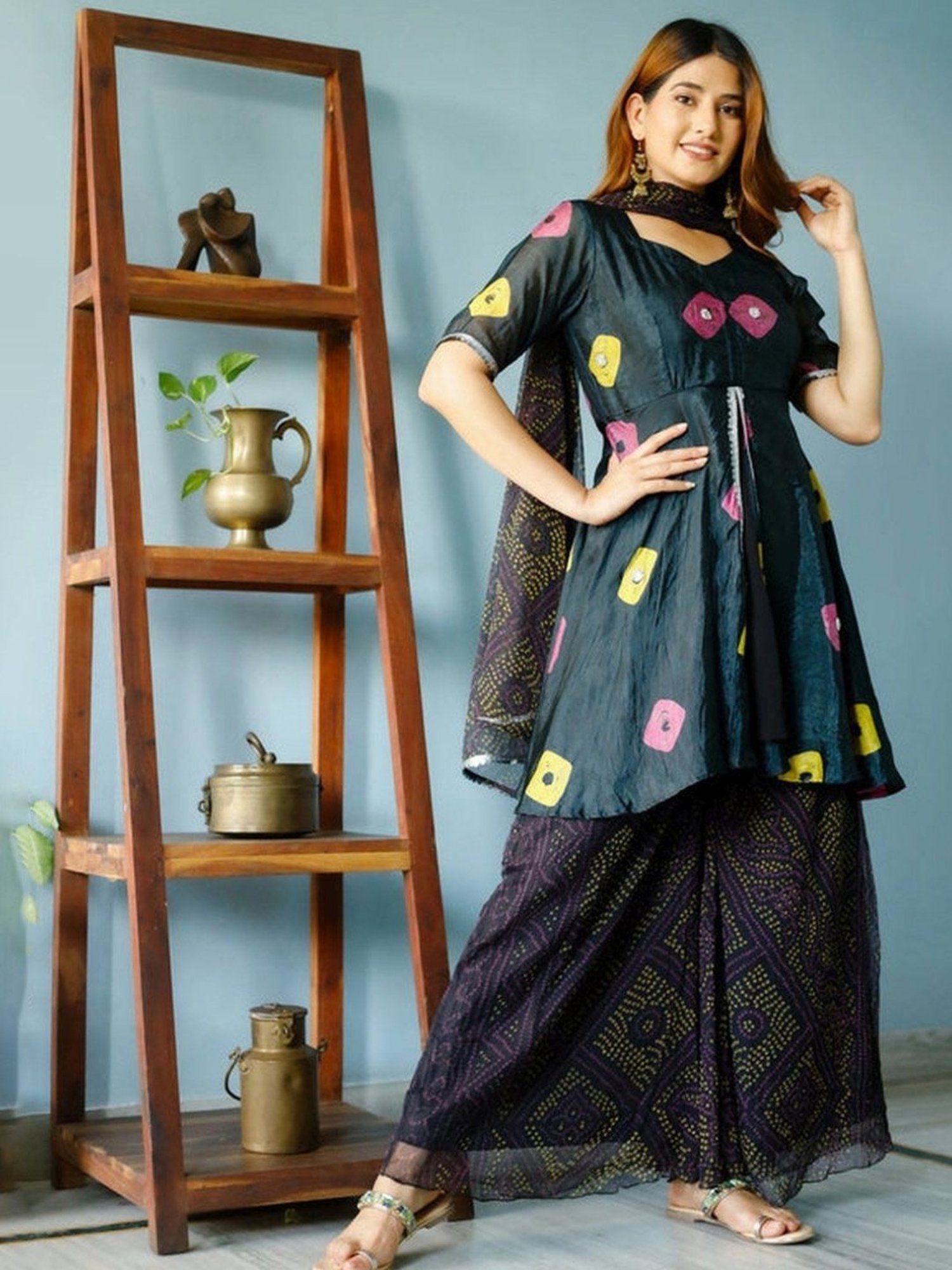 Thread and Button Black Terk Bandhej Kurta and Palazzo with Dupatta