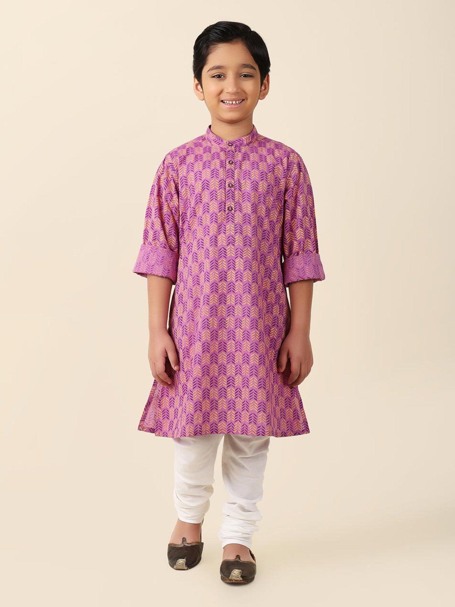 Fabindia Kids Light Purple Printed Full Sleeves Kurta