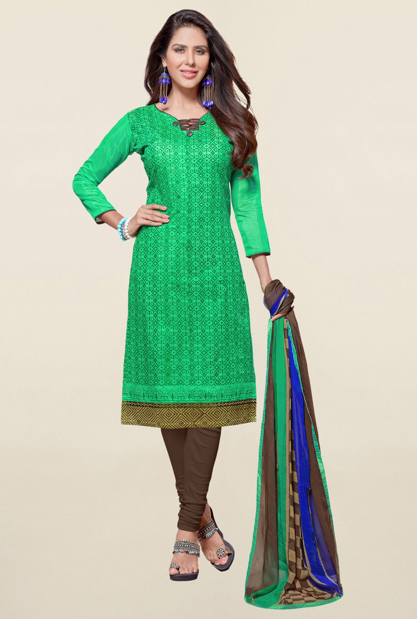 Saree Mall Green & Brown Printed Cotton Dress Material