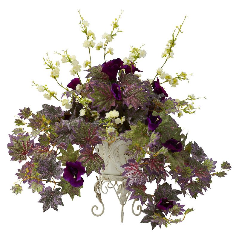 Nearly Natural Morning Glory and Cherry Blossoms with Metal Planter Purple