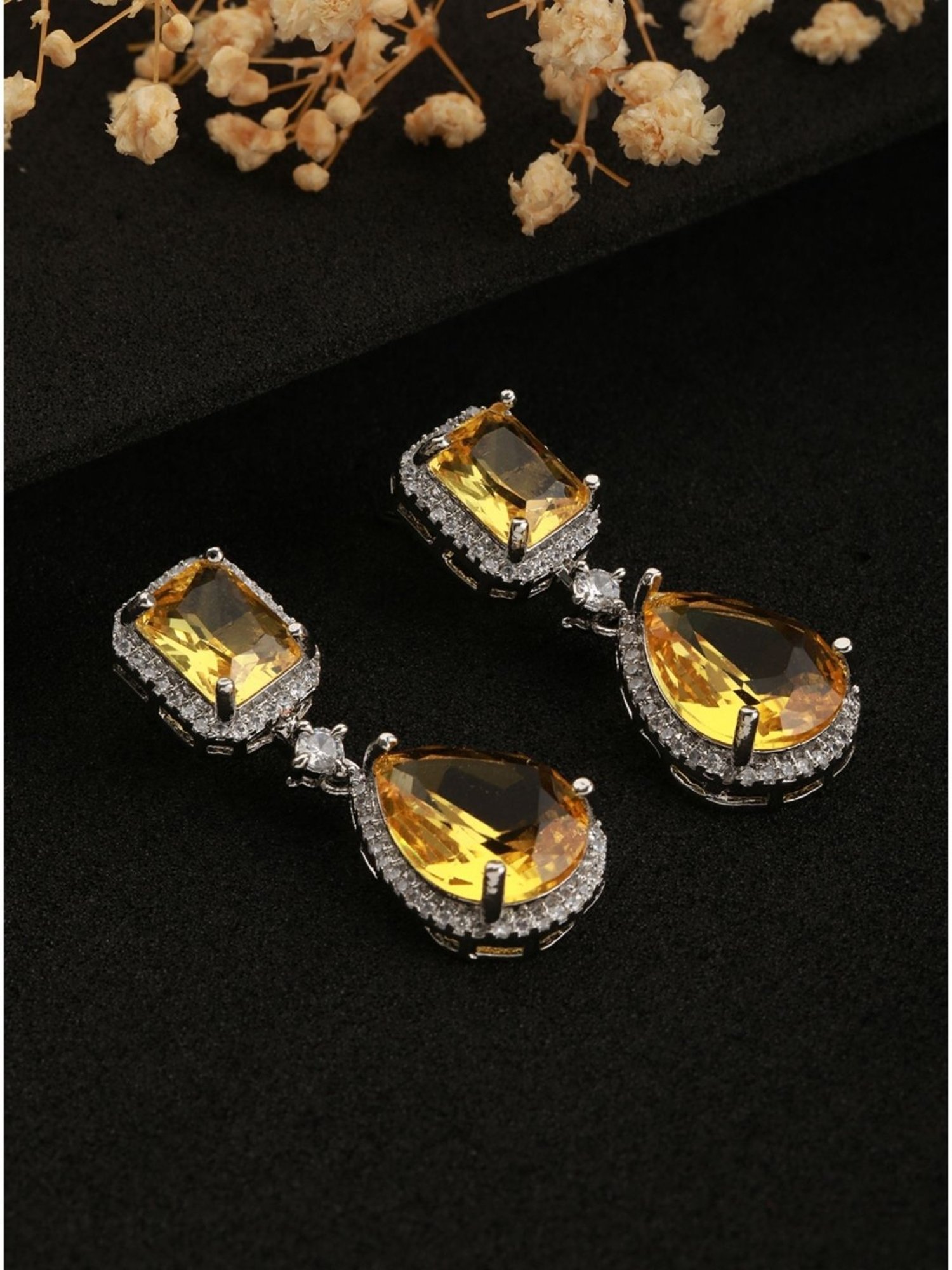 Aatmana Silver-Toned & Yellow Teardrop Shaped Drop Earrings for Women