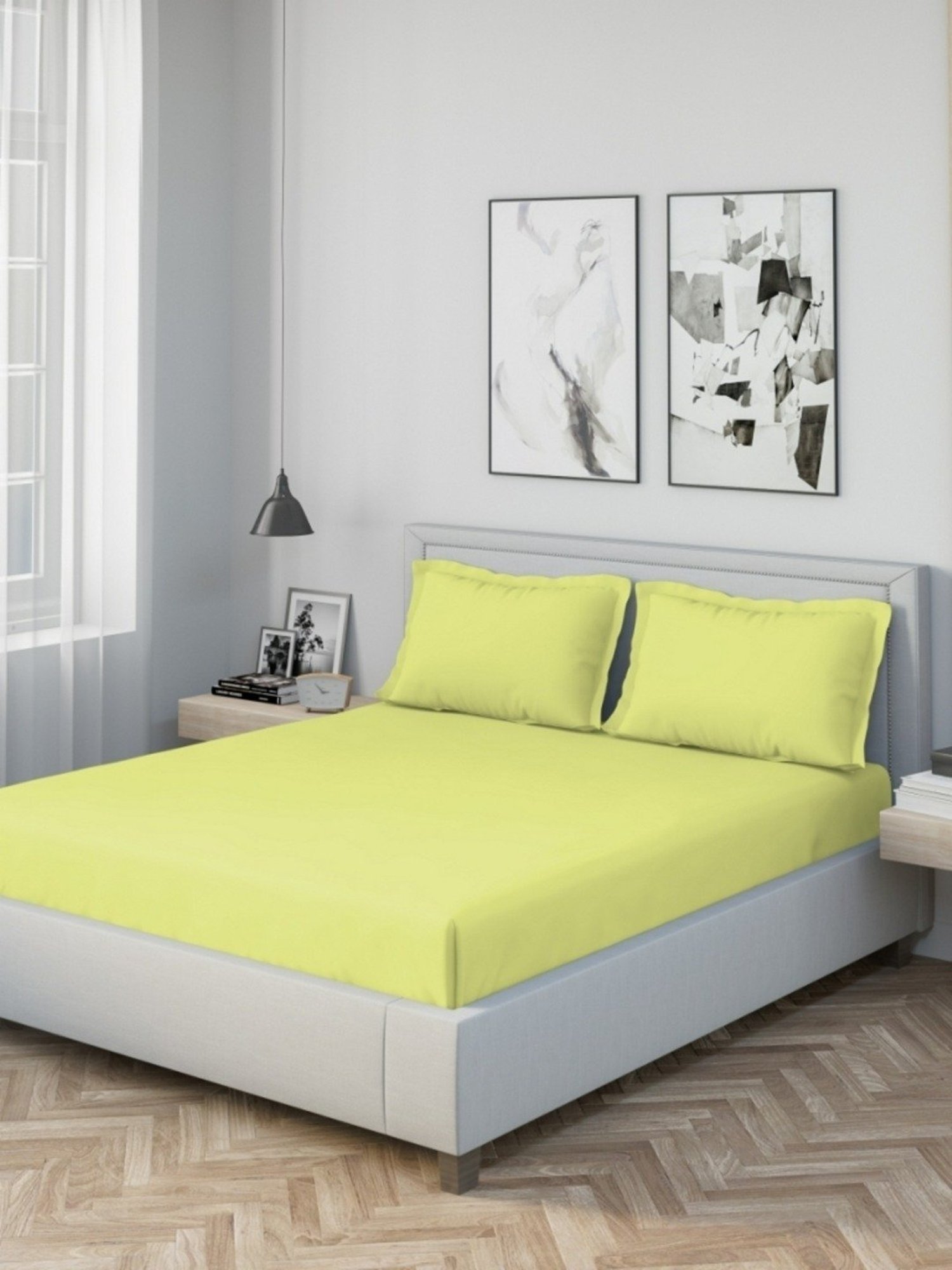 DDecor Solid Yellow 180 TC Cotton King Bed Sheet With 2 Pillow Covers