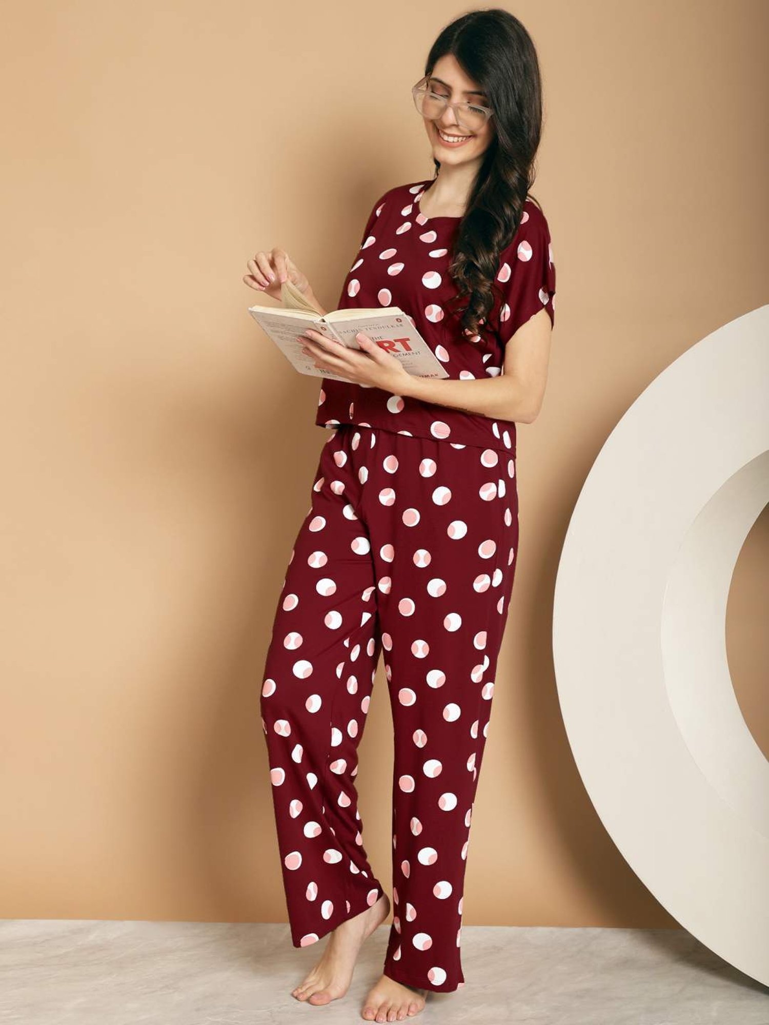 Kanvin Maroon Cotton Printed Top Pyjamas Set