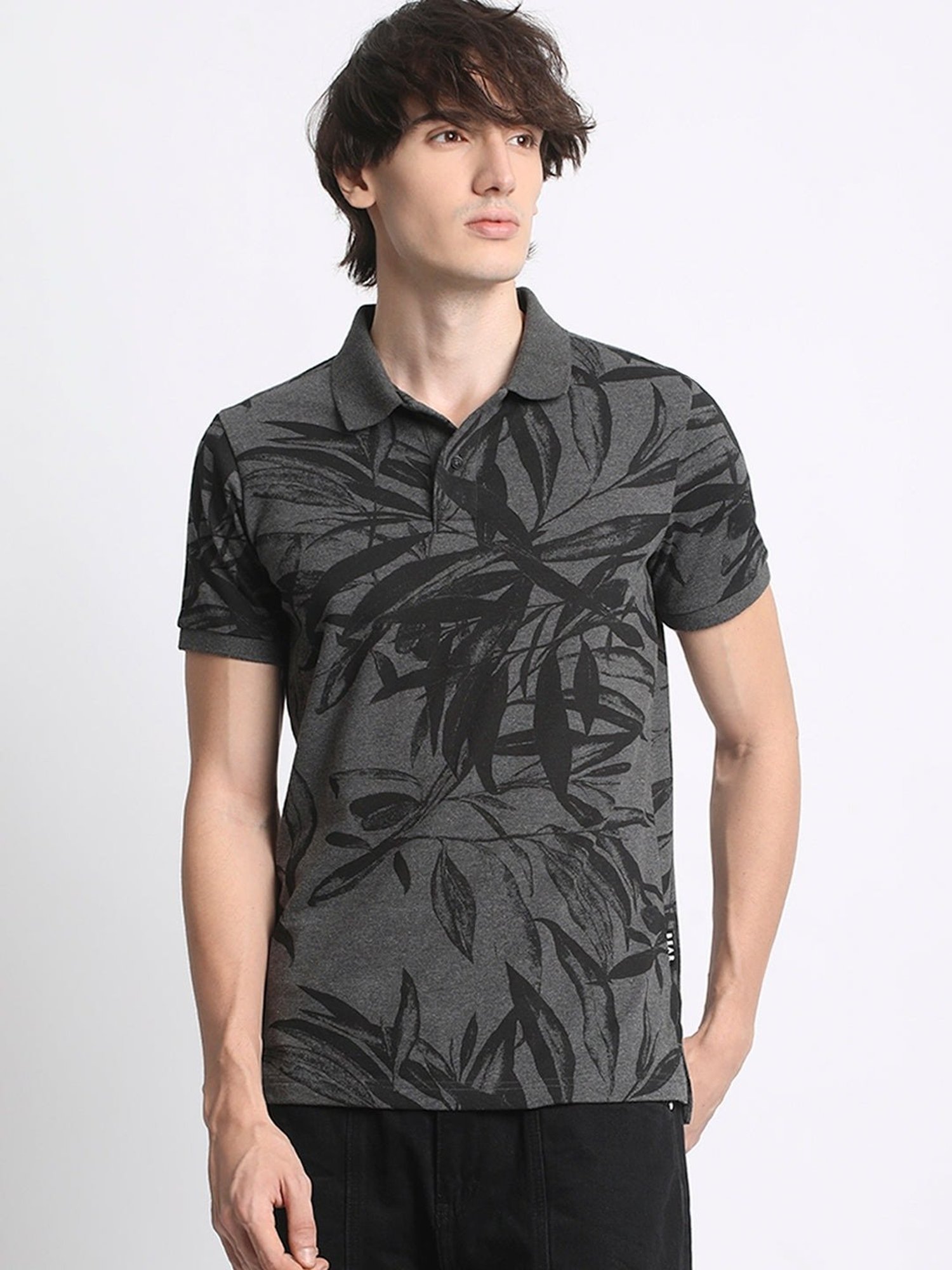 The Bear House Grey Cotton Regular Fit Printed Polo T-Shirt