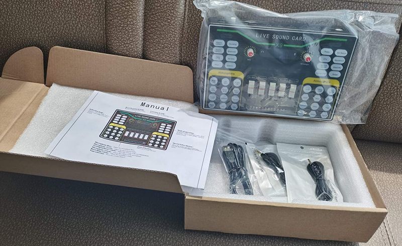 X9 Mini Audio Mixer Sound Card with DSP Independent Reverb Chip, 48V Power Multiple Sound Effects for Live Streaming Studio Recording Karoke Singing for PC or Mobile Phone