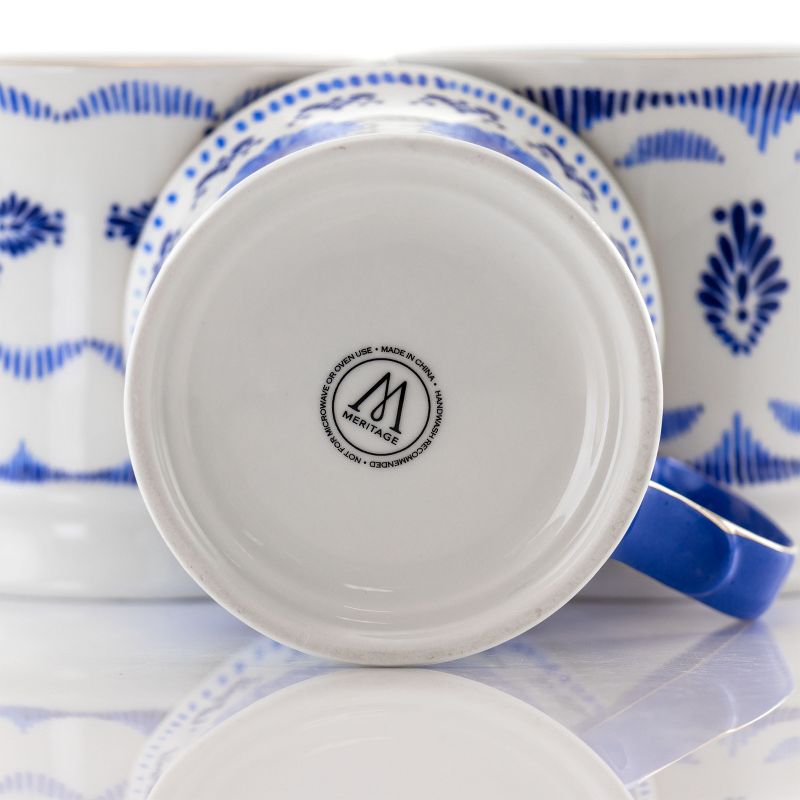 Meritage Navy 12 Piece 13.2 Ounce Fine Ceramic Cup Set in White with 4 Assorted Designs
