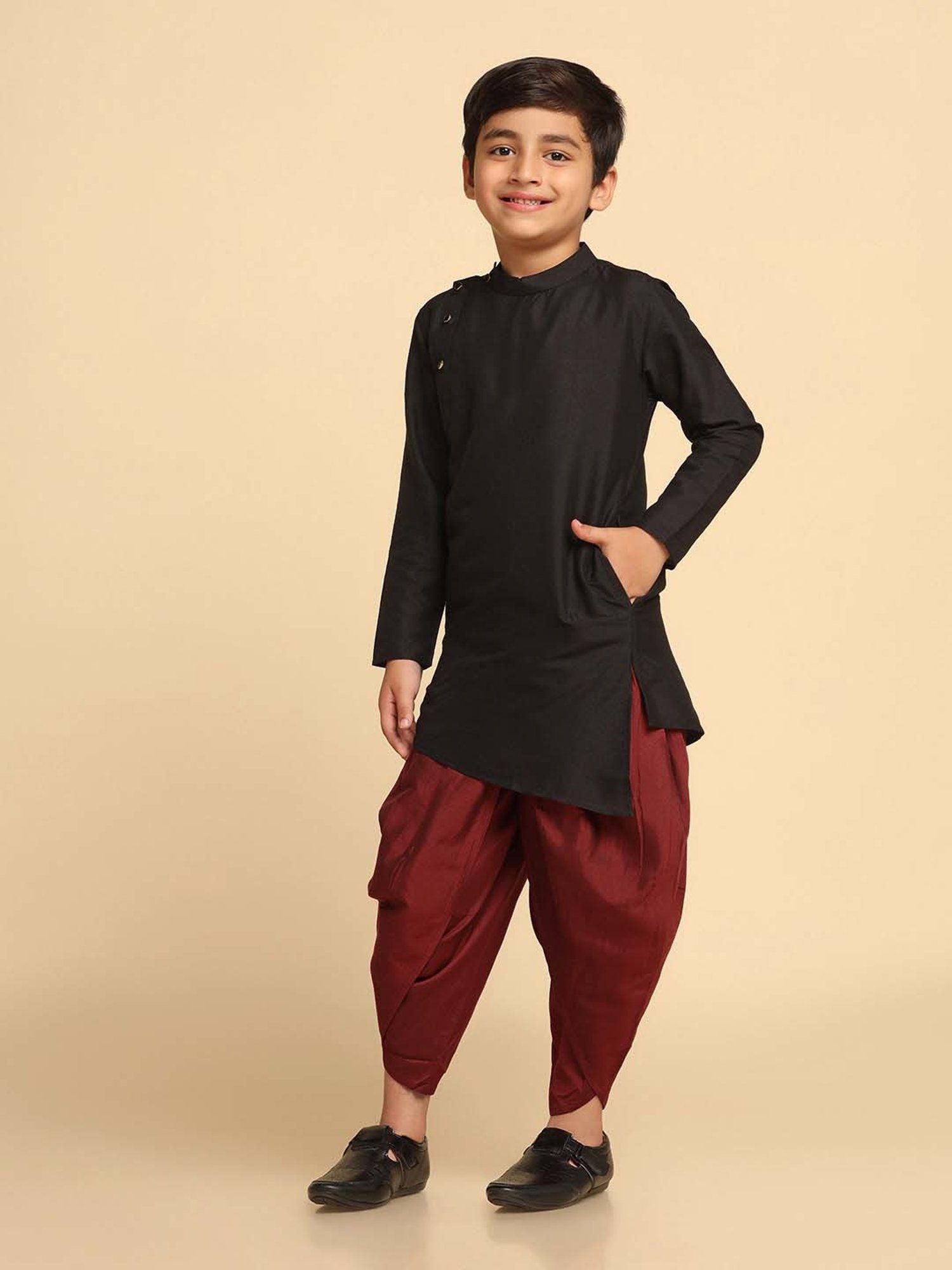 KISAH Kids Black & Brown Cotton Regular Fit Full Sleeves Kurta Set