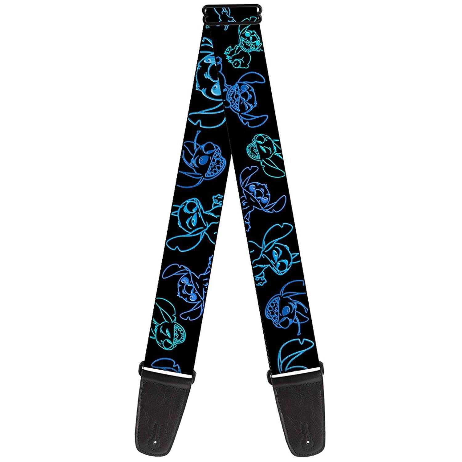 Guitar Strap Electric Stitch Poses Black Neon Blue 2 Inches Wide