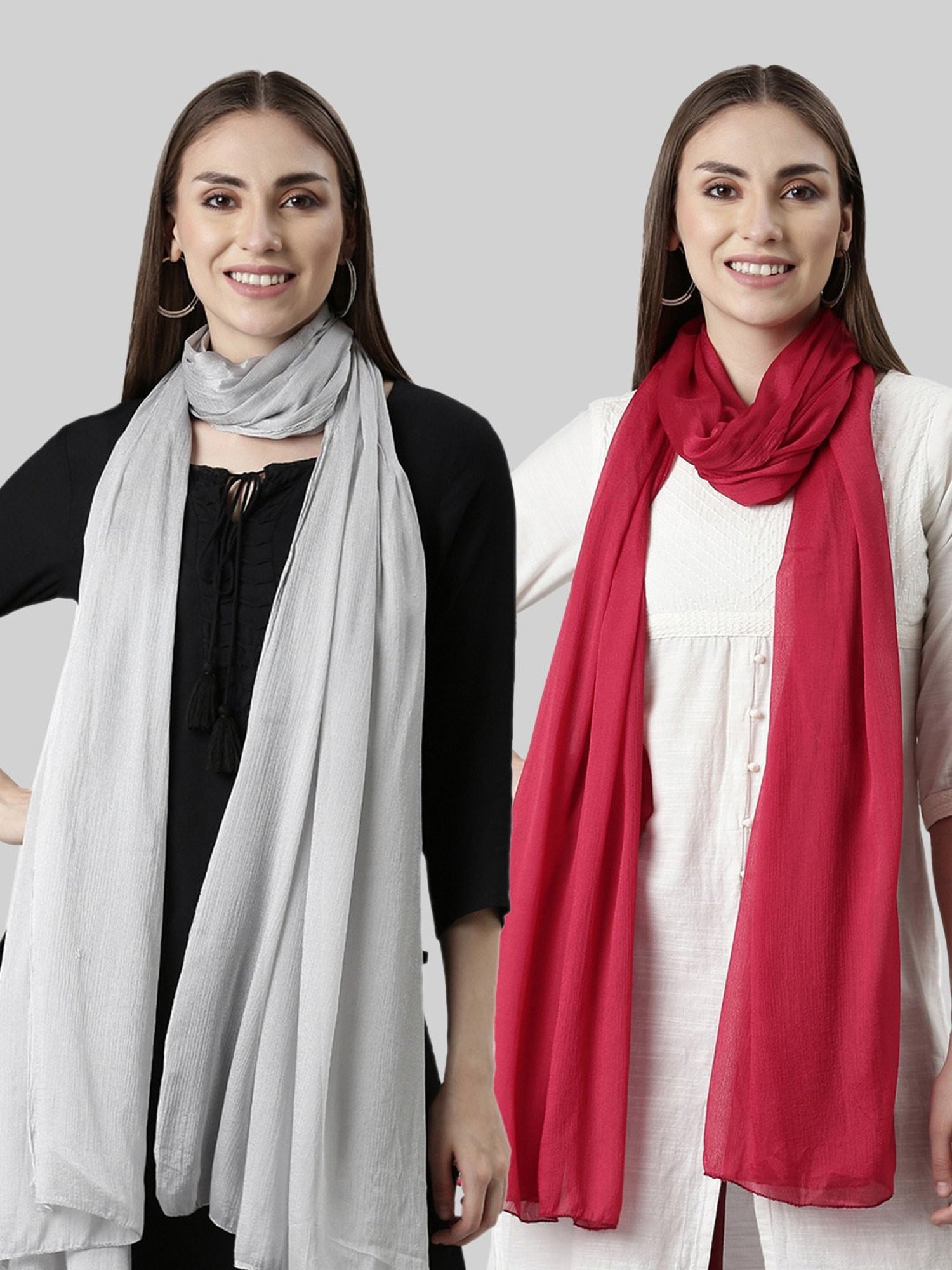 TWIN BIRDS Silver & Red Dupatta - Pack of 2