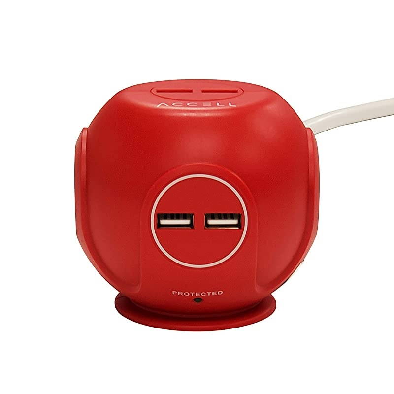 Power Cutie Compact Surge Protector with 3 Tamper Resistant 540J Surge Protected AC outlets and 4 USBA Charging Ports 6ft Cord Red