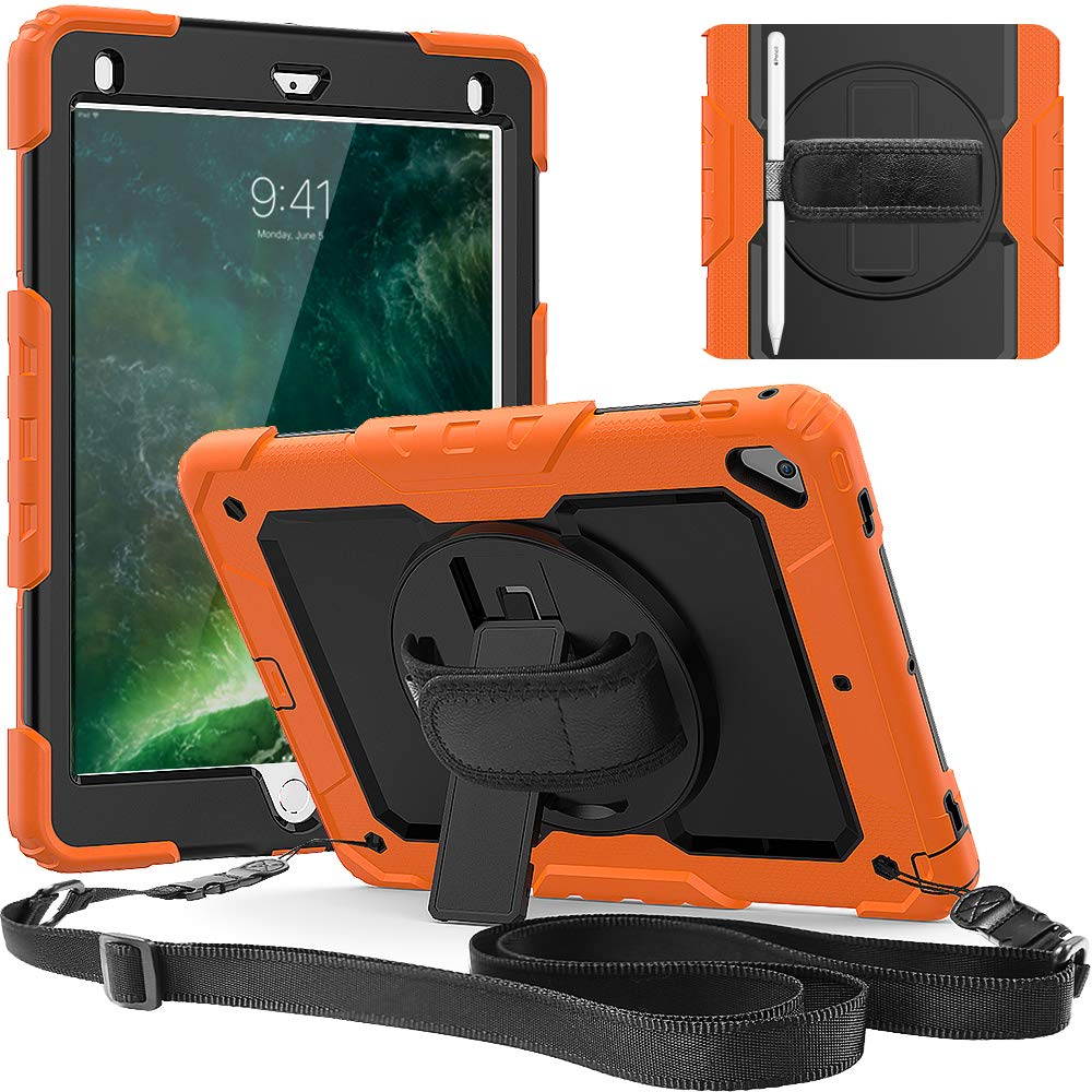 IPad 5th/6th Generation Case,Shockproof, Drop proof, 360 Degree Rotation Kickstand, Hand Strap,Shoulder Strip to Hang in Car Seat.Built-in Screen Protector for New iPad 9.7 2018/2017 Case