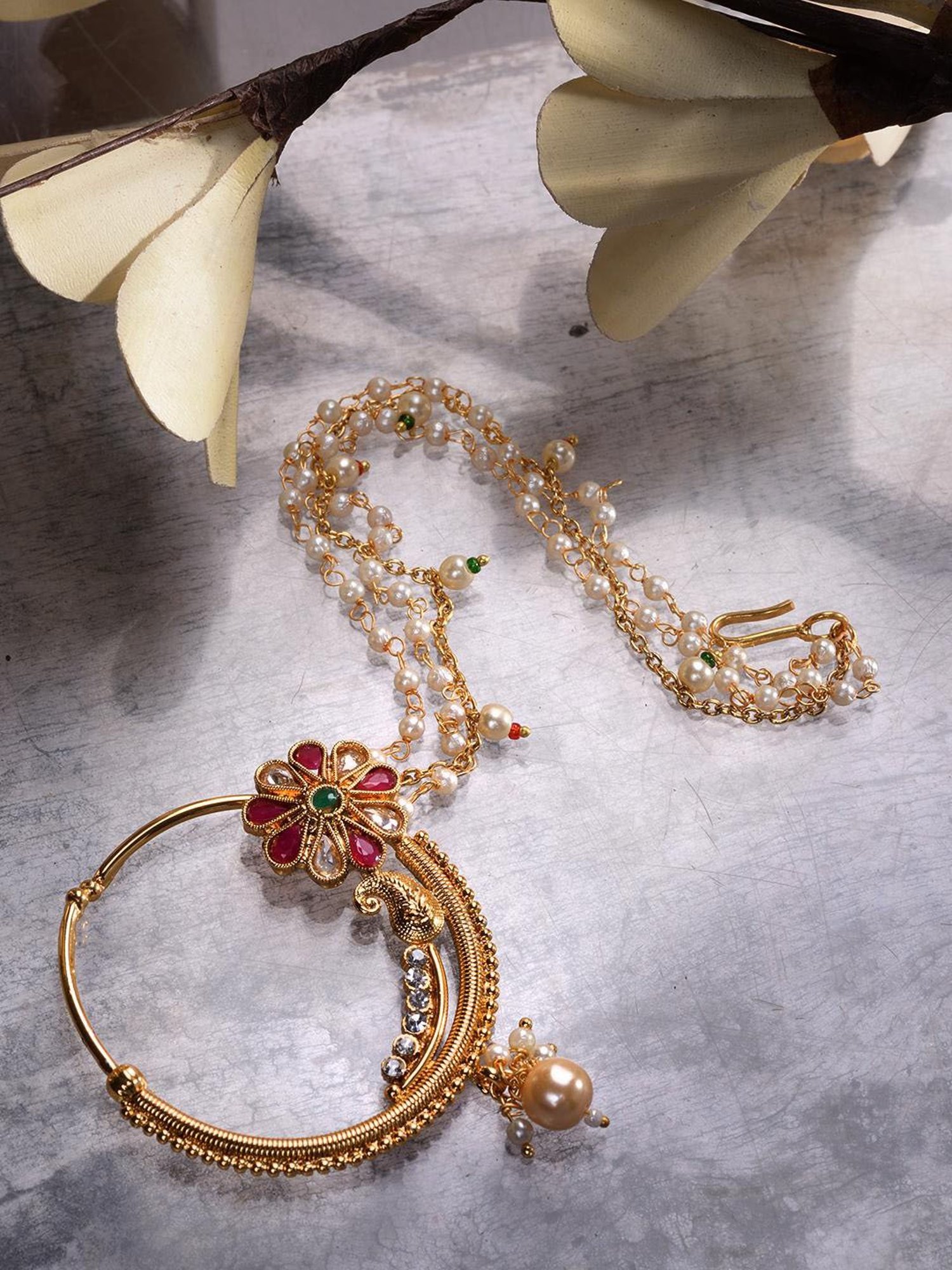 Saraf Rs Jewellery Gold Plated Red & White Pearl Beaded &Studded  Bridal  Nose Ring
