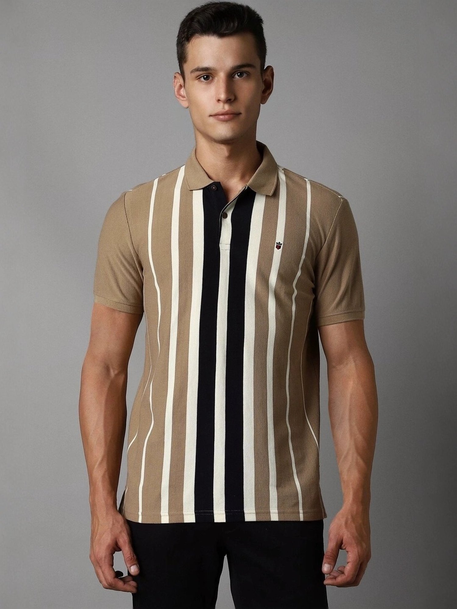 Louis Philippe Khaki Cotton Slim Fit Striped Polo T-Shirt