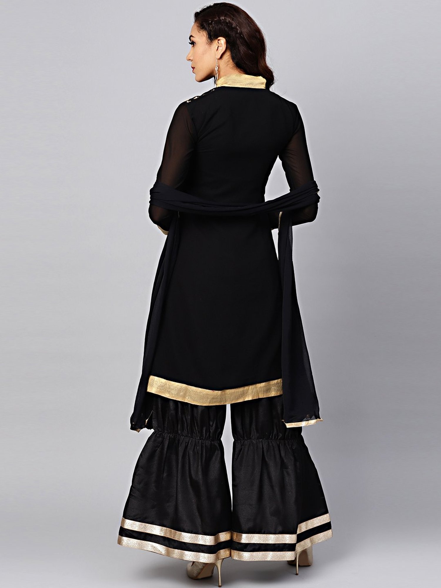 Chhabra 555 Beige & Black Embroidered Kurti Sharara Set With Dupatta