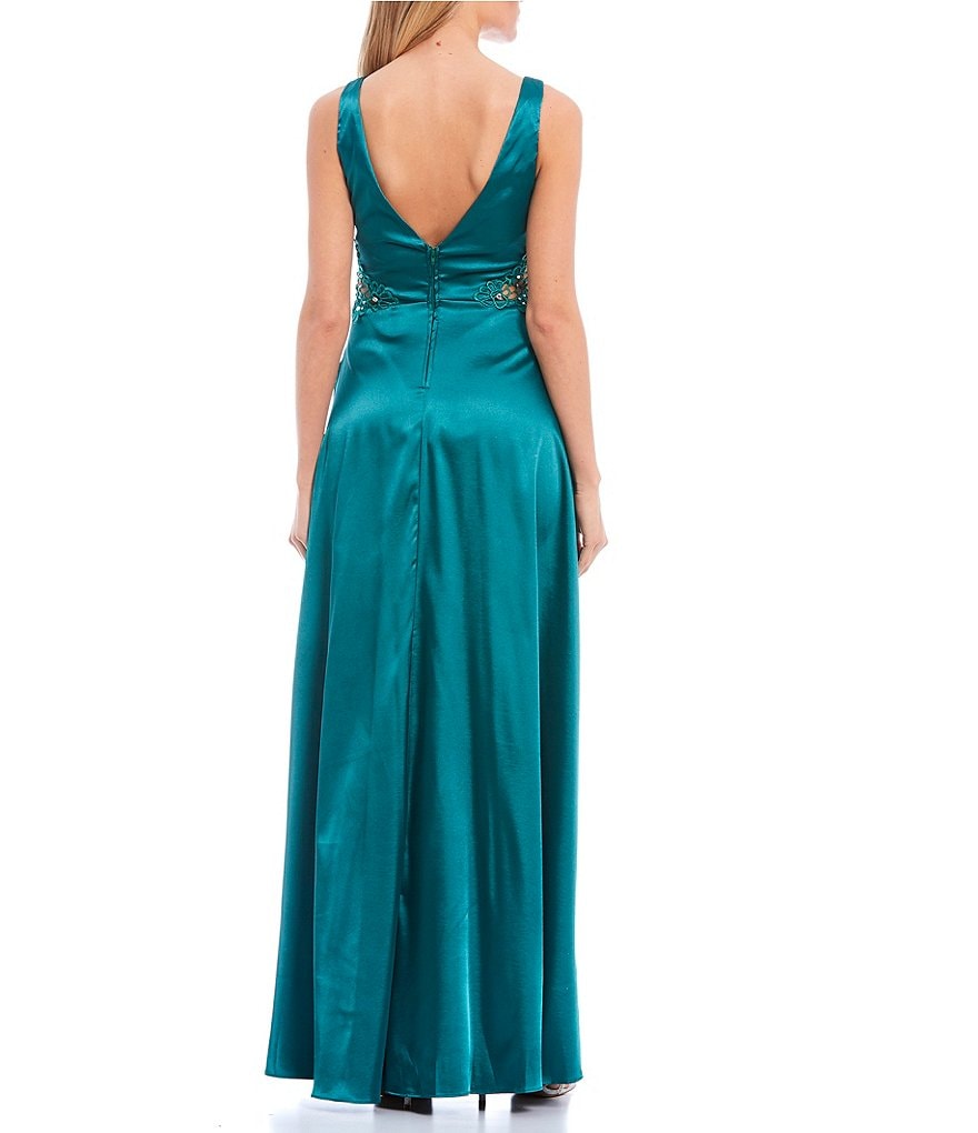 City Vibe V-Neck Crochet-Side Faux-Wrap Satin Long Dress