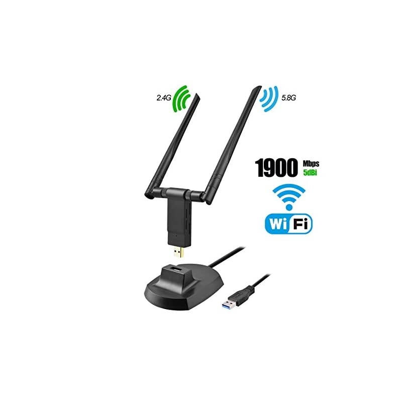 WiFi Adapter, 1900Mbps Dual Band 2.4GHz/600Mbps 5.8GHz/1300Mbps High Gain 5dBi Antennas 3.0 Wireless Network Adapter for PC Desktop Laptop with Windows 10/8/7/XP/Vista, Mac OS