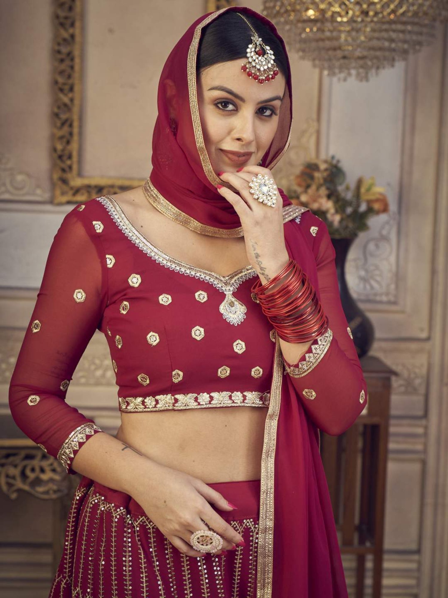 Warthy Ent Maroon Embellished Semi Stitched Lehenga Choli Set With Dupatta