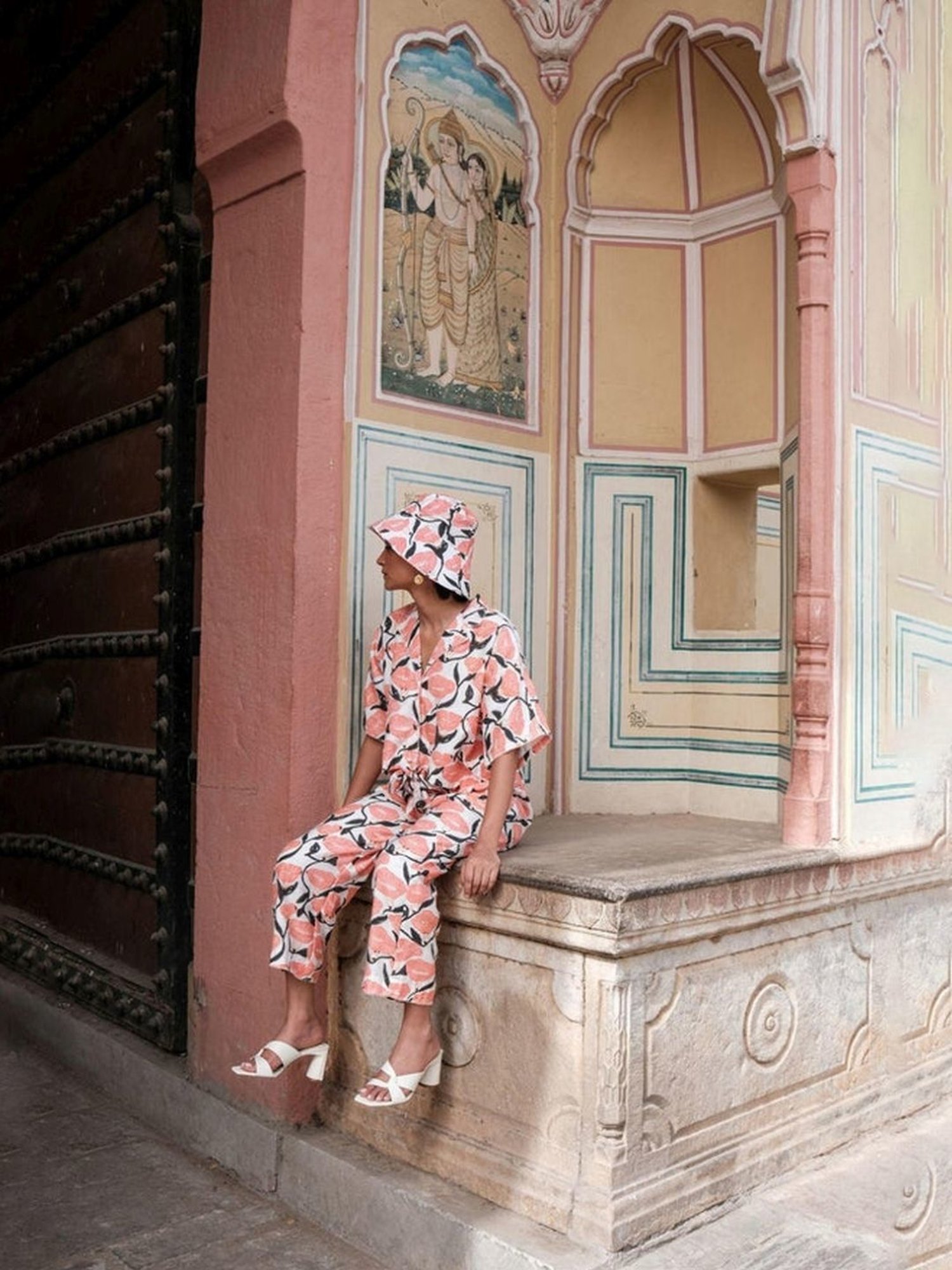 Khajoor Studio White & Pink Bageecha Outlined Florals Resort Shirt with Pant