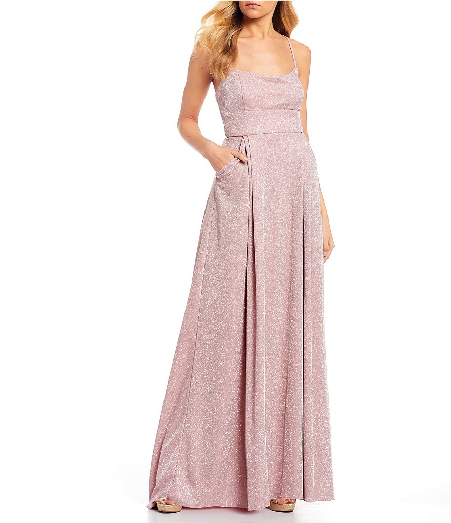 Jump Spaghetti Strap Lace-Up Back Metallic Shimmer Long Dress