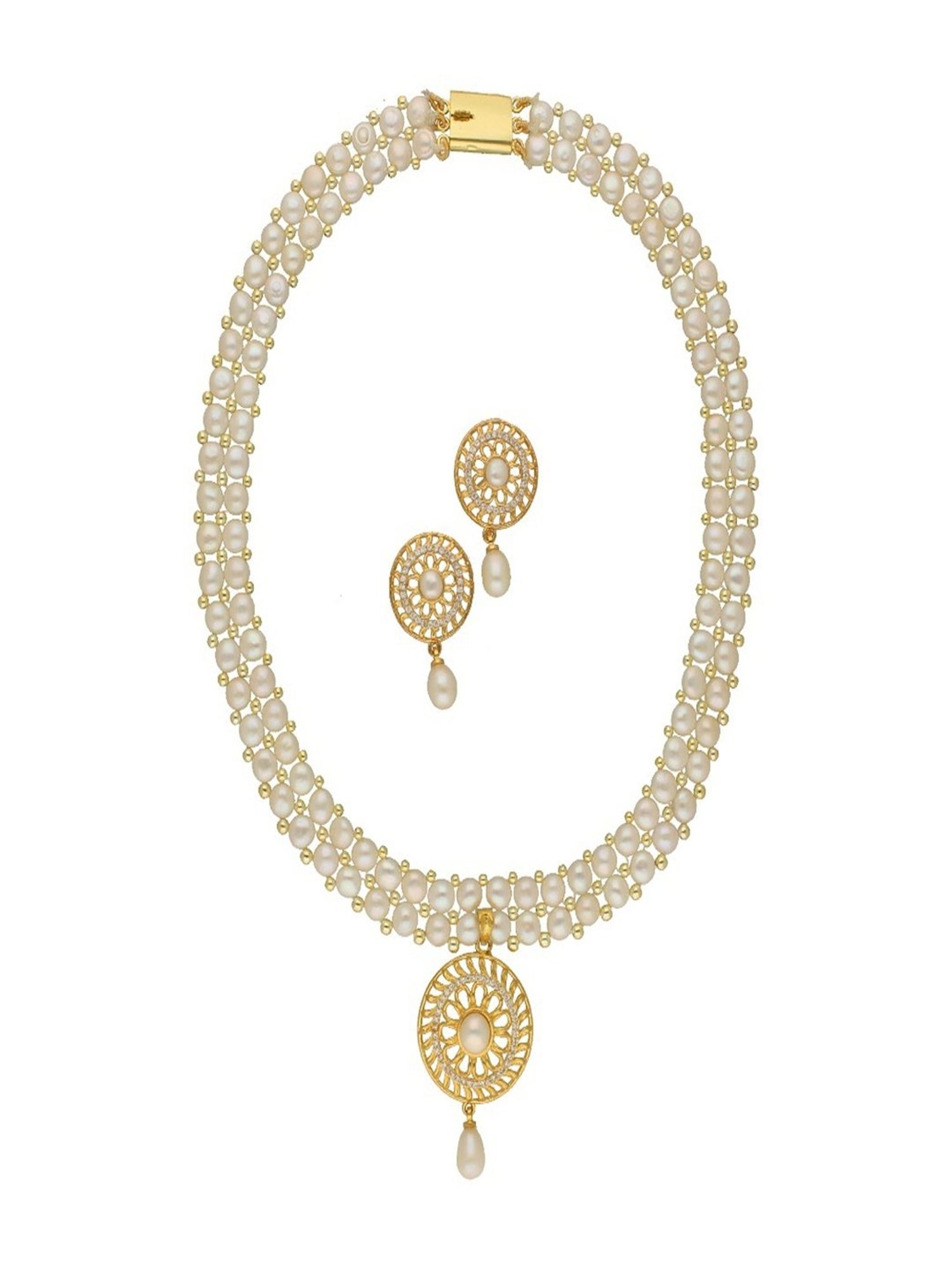 Sri Jagdamba Pearls Picturesque Dual Line Pearl Necklace Set