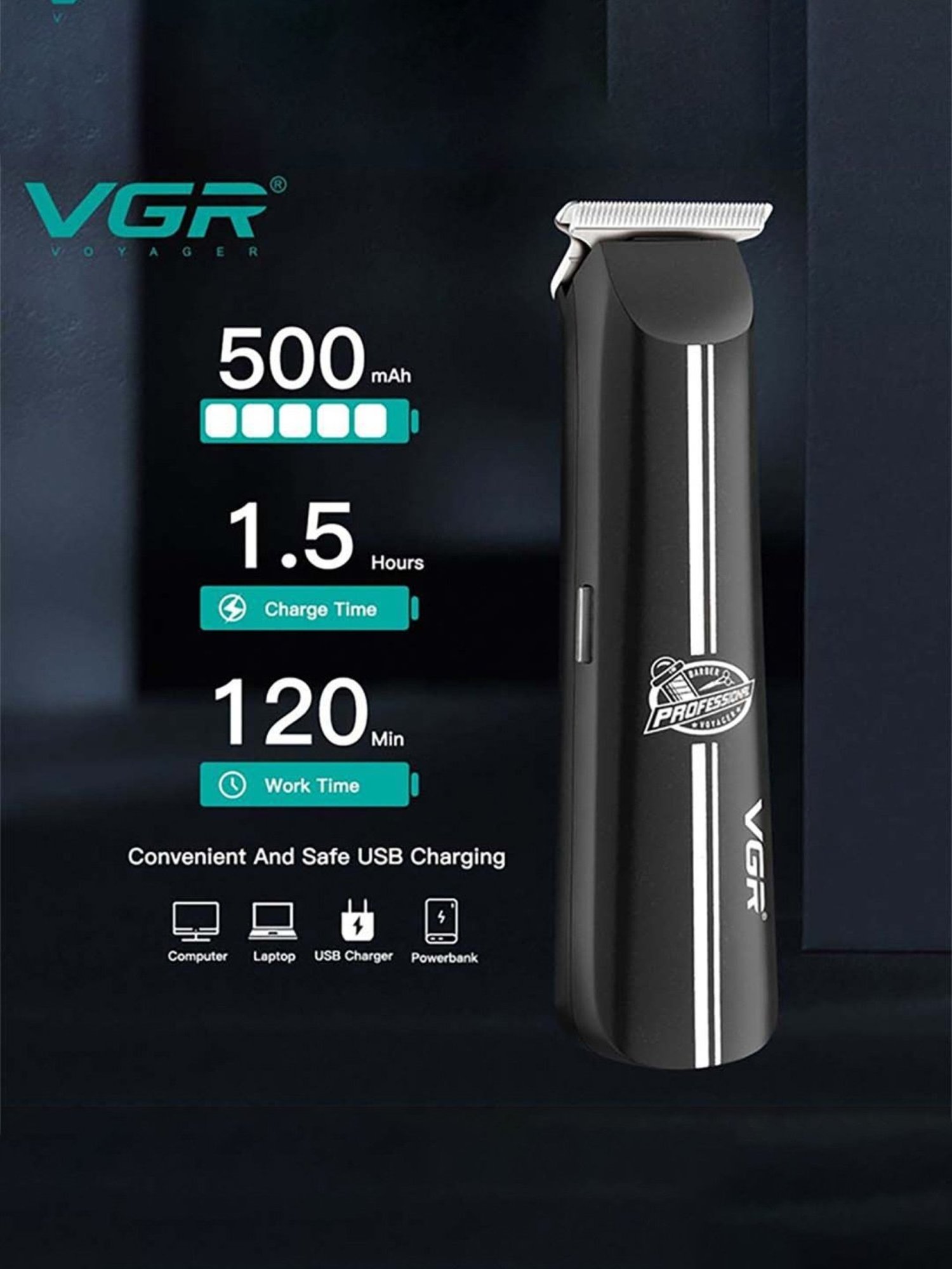 VGR V-007 Professional Corded and Cordless Hair Trimmer - 120 min Runtime (Black)