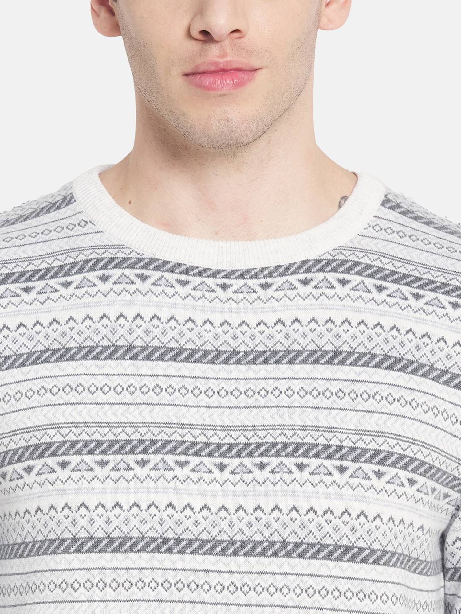 Mettle White Cotton Regular Fit Striped Sweater
