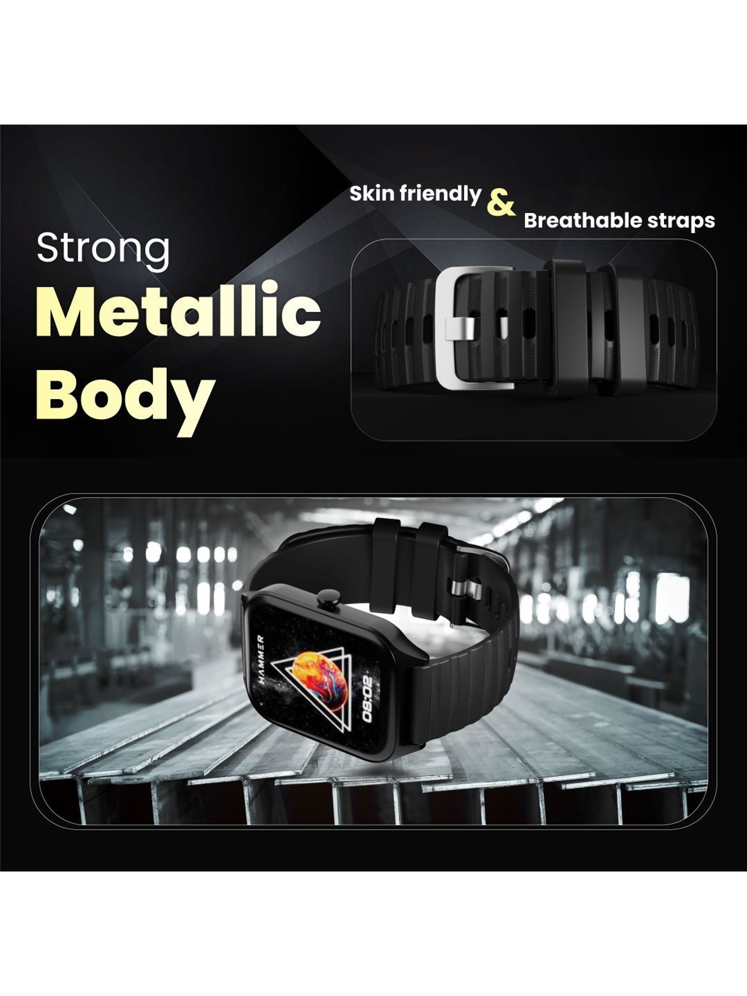 Hammer Stroke 1.96 inch TFT Display Calling Smartwatch with Strong Metallic Body (Black)