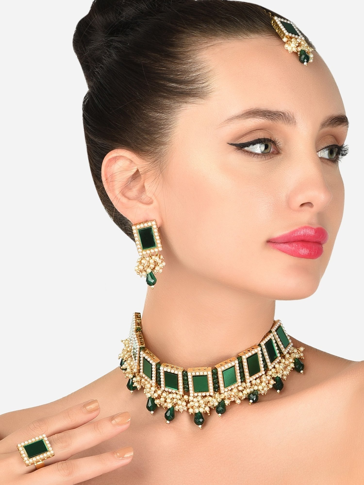 Zaveri Pearls Green Mirror & Cluster Pearls Necklace, Earring, Maangtikka & Ring Set
