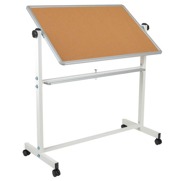 HERCULES Series 45.25"W x 54.75"H Reversible Mobile Cork Bulletin Board and White Board with Pen Tray