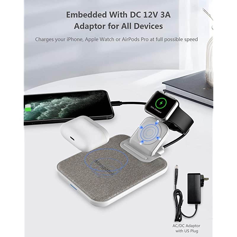 3 in 1 Wireless Charger iPhone Apple Charging Station, MFi Certified Wireless Charging Pad Qi Fast Chargers Stand Dock for iPhone 11/12/11 Pro/SE 2020/XS Max/XR/X/8/8Plus/iWatch/Airpods