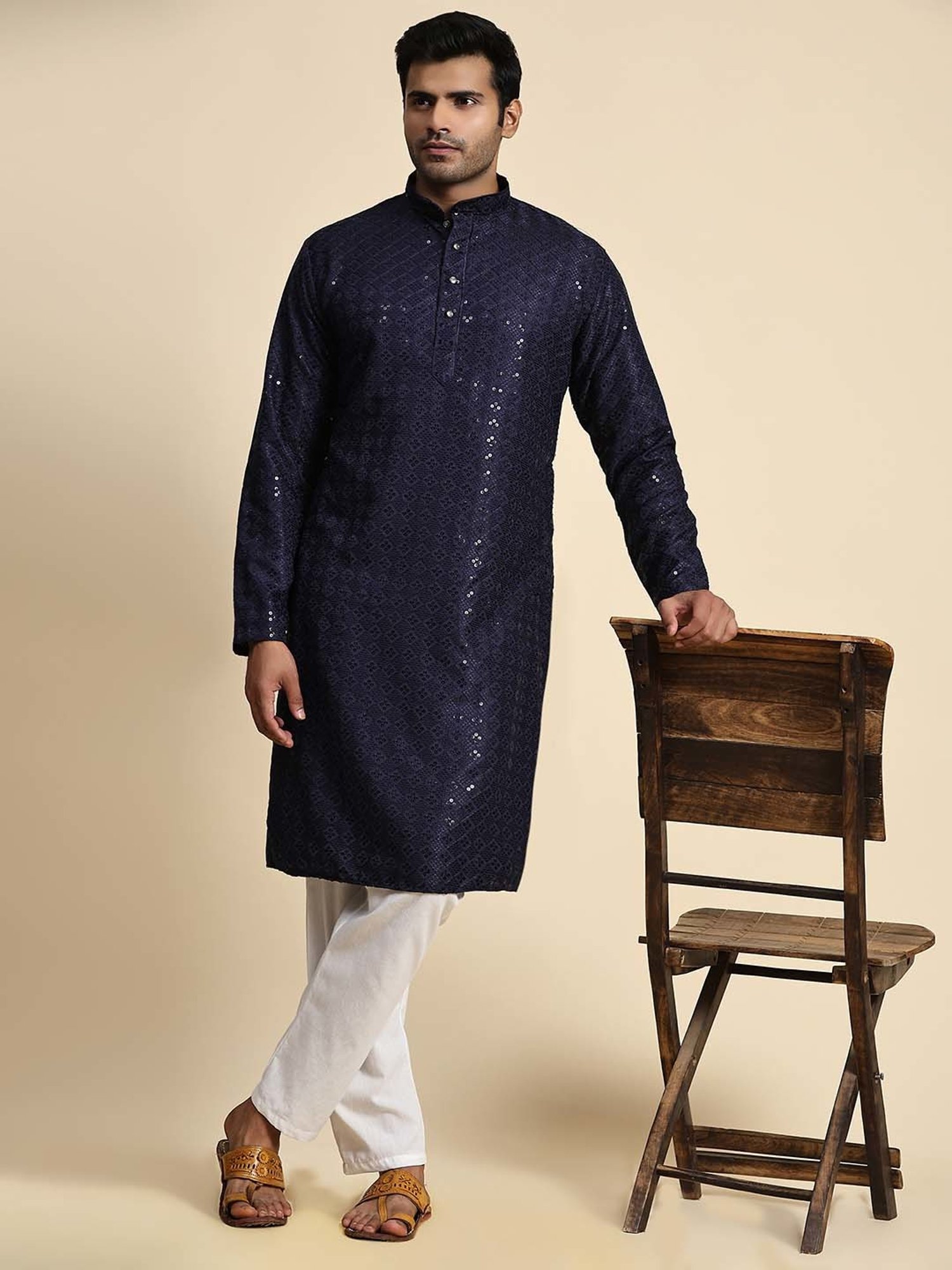 Pro-Ethic Style Developer Navy & White Regular Fit Embroidered Kurta & Pyjamas Set
