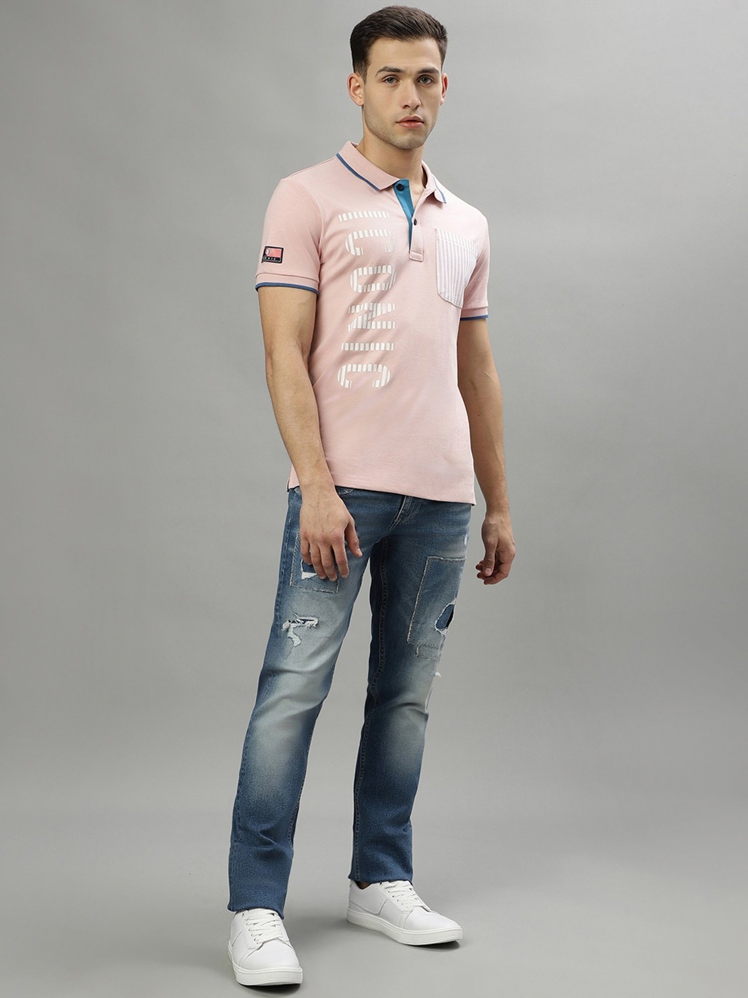 Iconic Pink Cotton Regular Fit Printed Polo T-Shirt