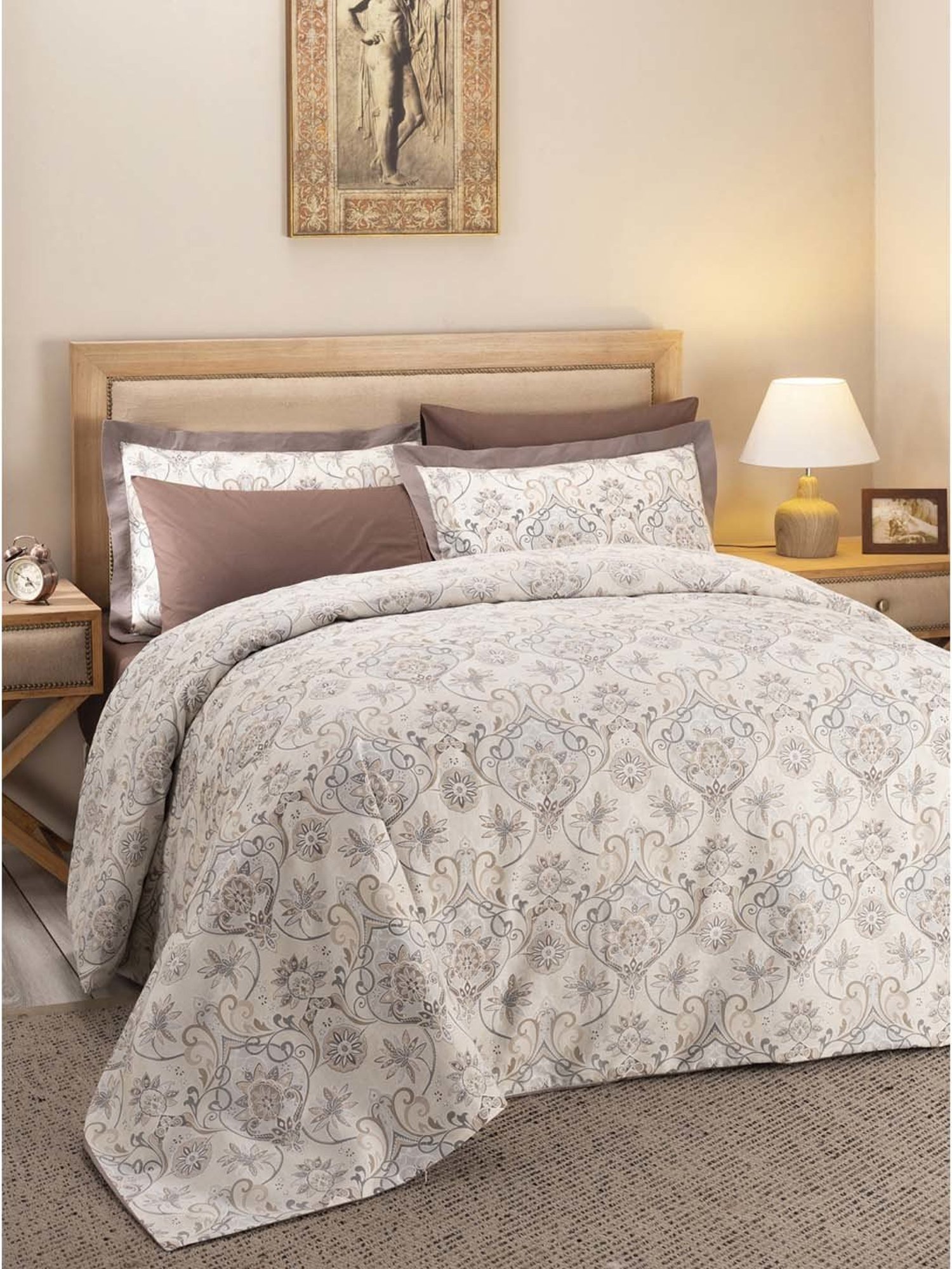 Maspar Hues Nouveau Tradition Lawn Rerun Beige Cotton 300 TC King Duvet Cover & 2 Pillow Covers