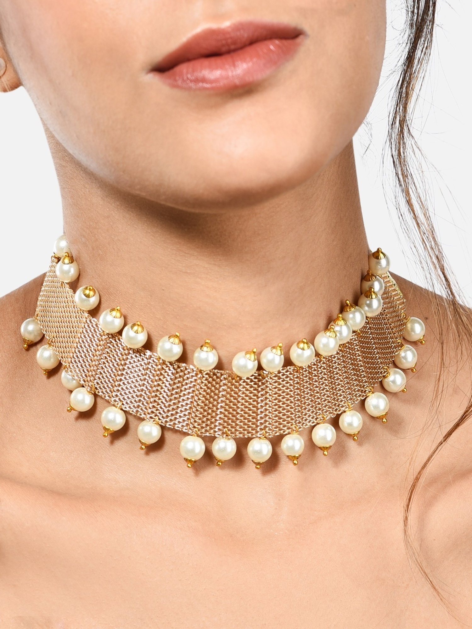 Zaveri Pearls Gold Tone Ethnic Pearls Choker Necklace & Earring Set-ZPFK10416