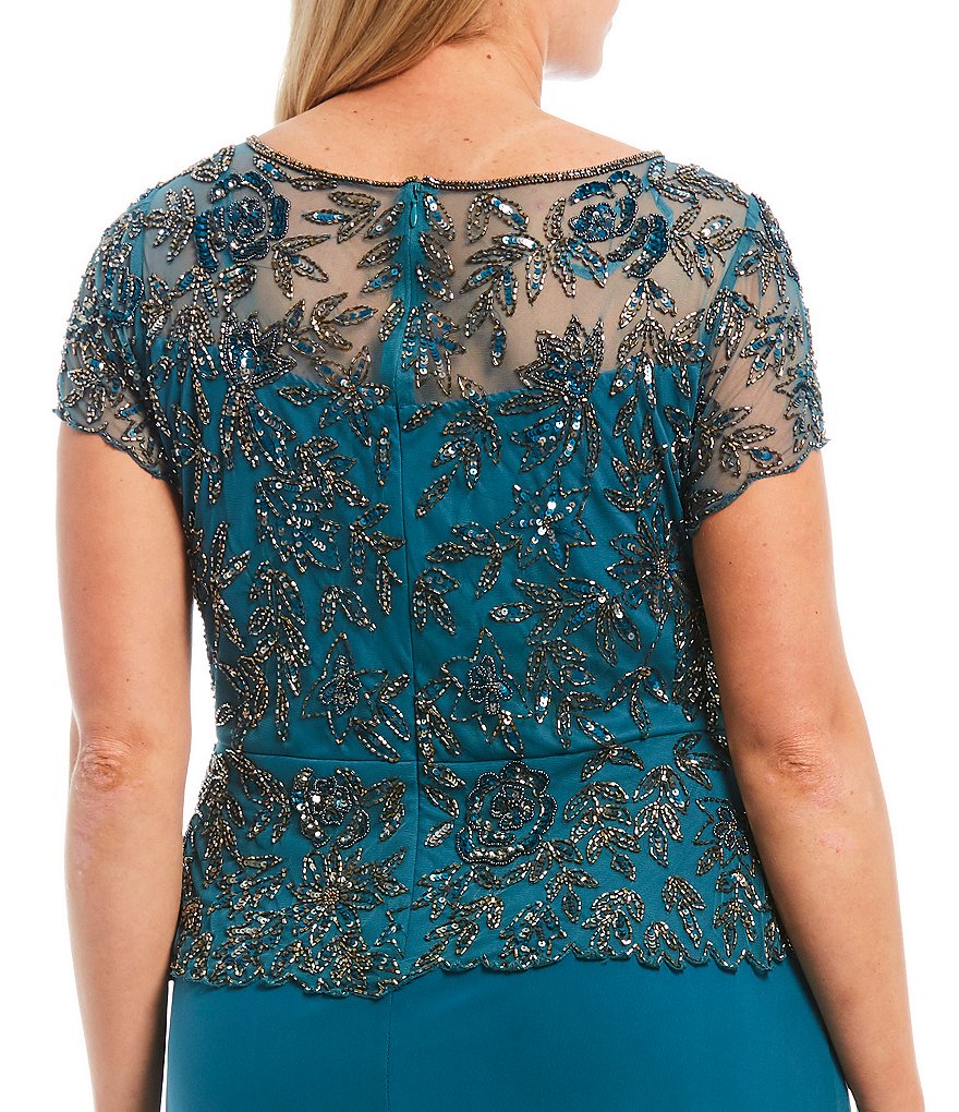 Pisarro Nights Plus Size Floral Vines Beaded Short Sleeve Peplum Flounce Bodice Chiffon Skirted Dress