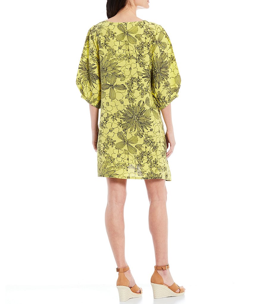 Bryn Walker Carina Short Puff Sleeve Floral Print Linen Shift Dress