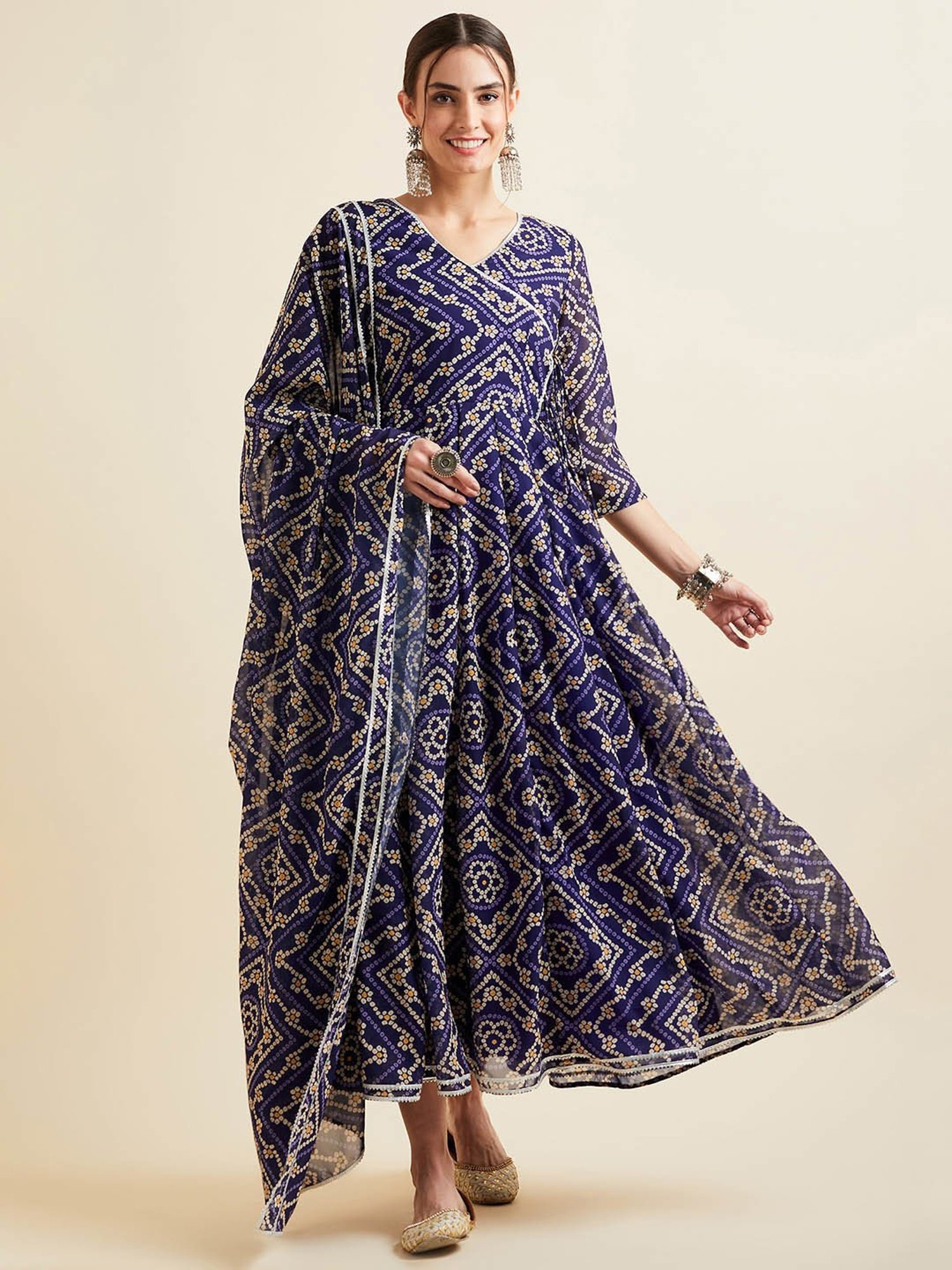 PANIT Blue Printed Ethnic Dress With Dupatta