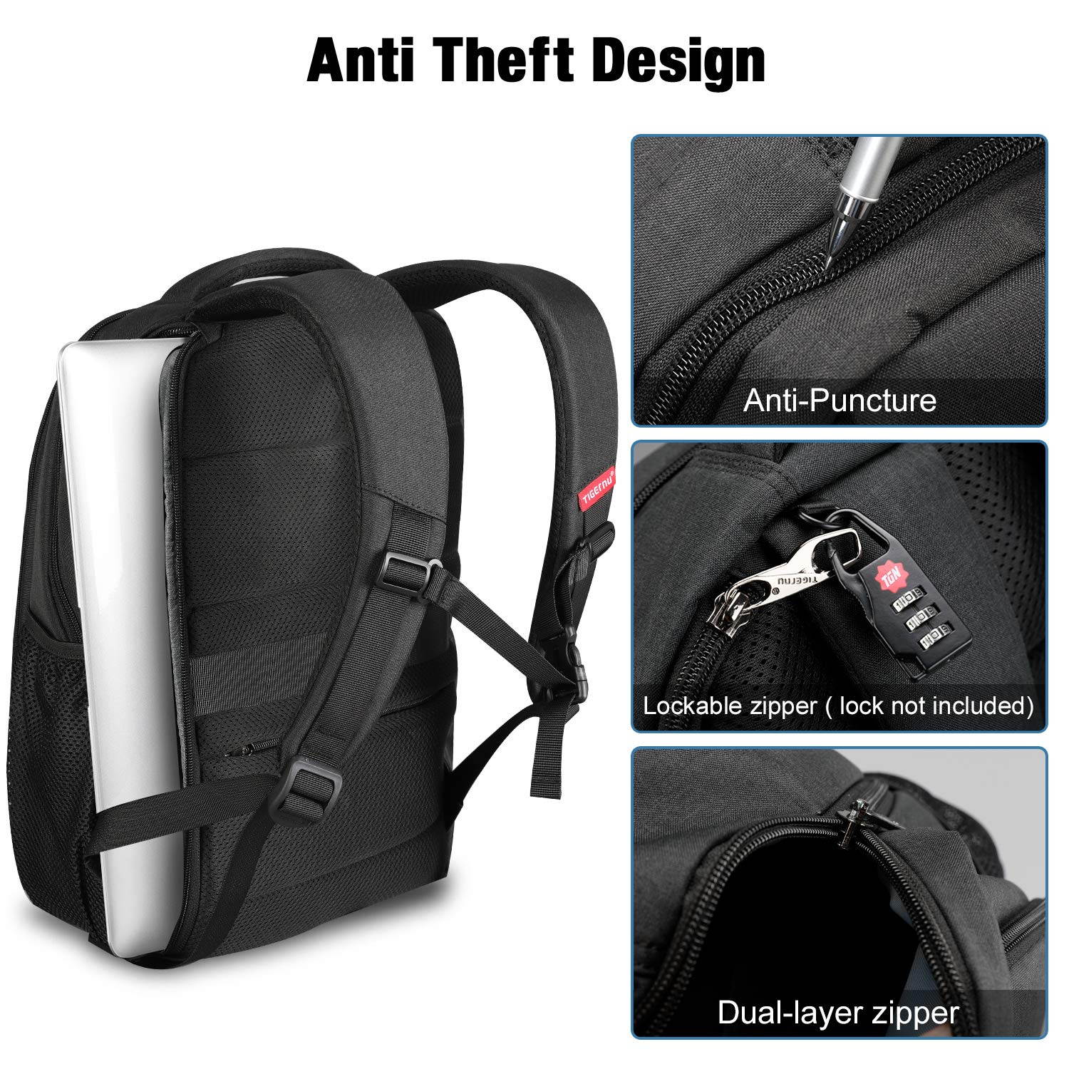 Tigernu Laptop Backpack,Business Travel Anti Theft Slim Durable Laptops Backpack with USB Charging Port,Water Resistant College School Computer Bag for  15.6 Inch Laptop and Notebook - Black