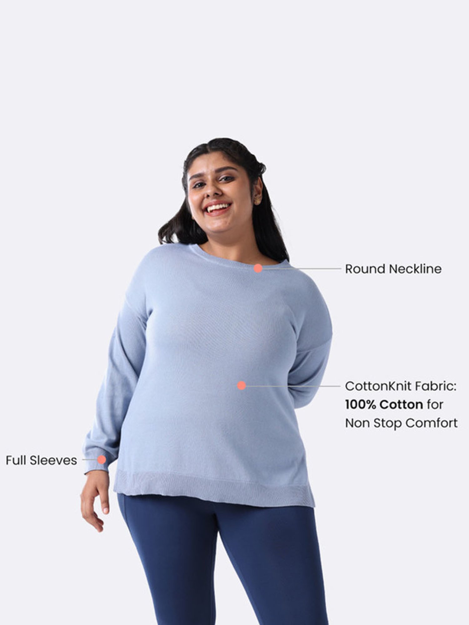 BlissClub Blue At-Ease Cotton Knit Top - Full Sleeves