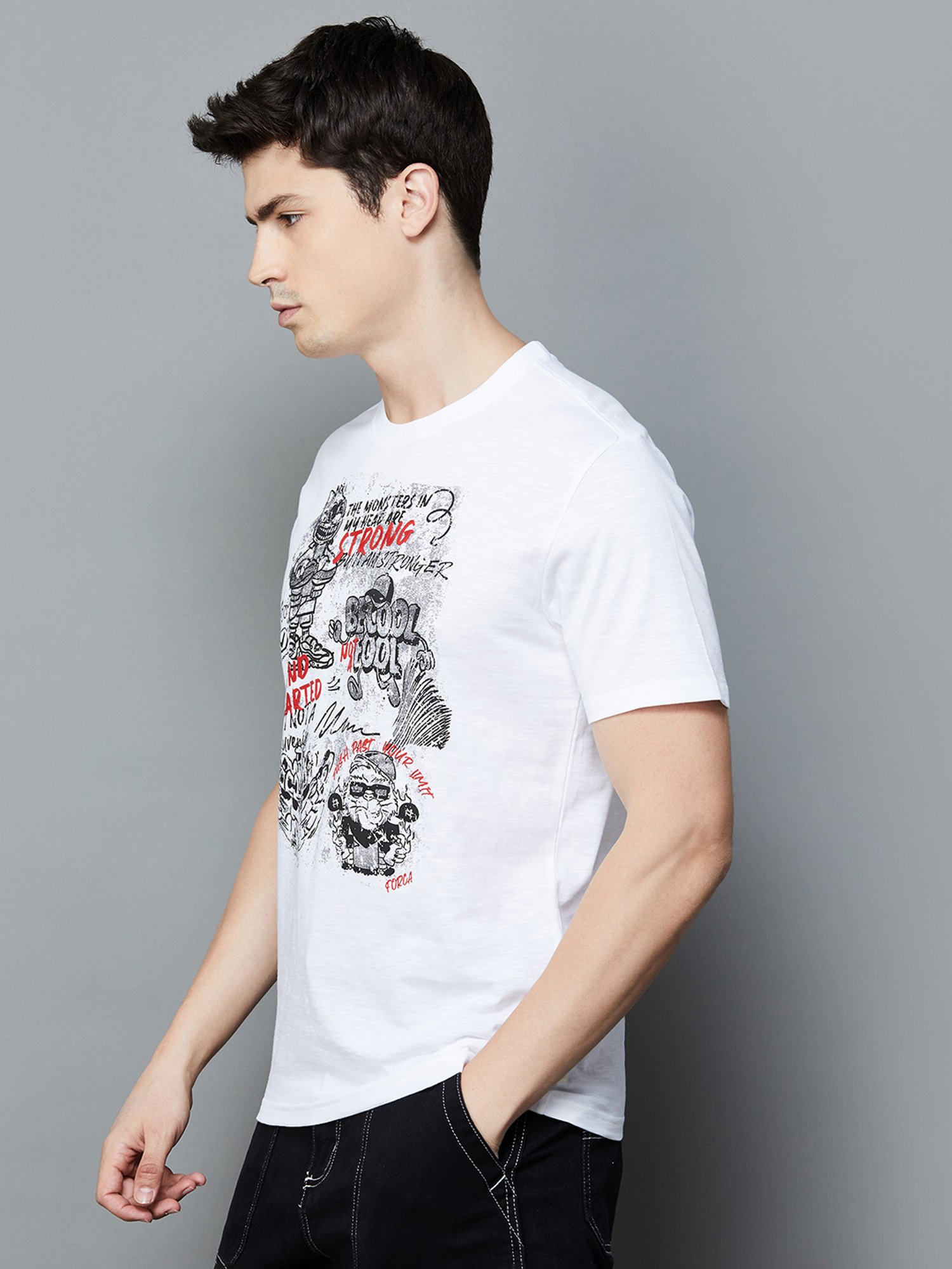Forca by Lifestyle White Regular Fit Graphic Print Crew T-Shirt