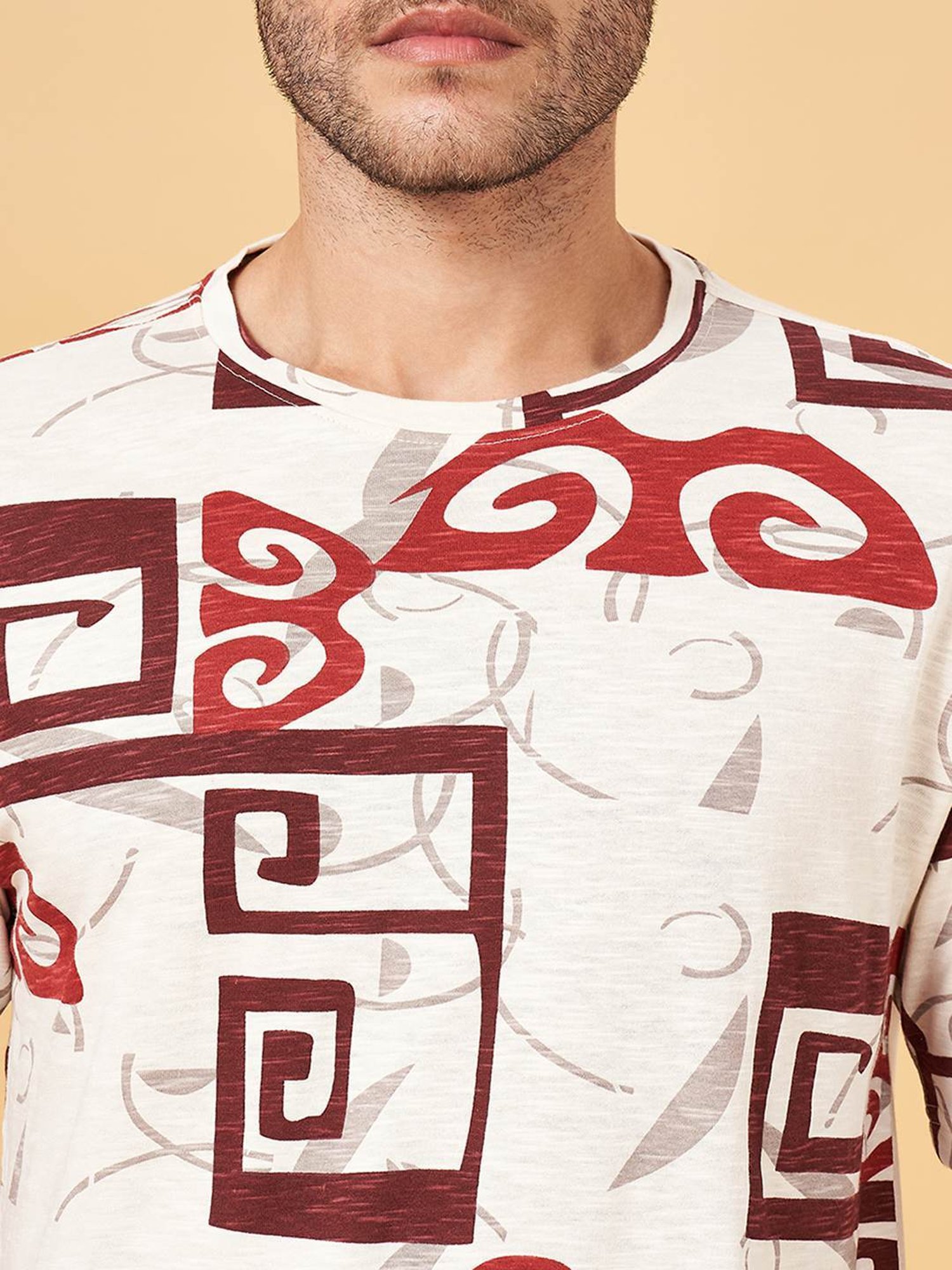 7 Alt by Pantaloons Ivory Cotton Relaxed Fit Printed T-Shirt