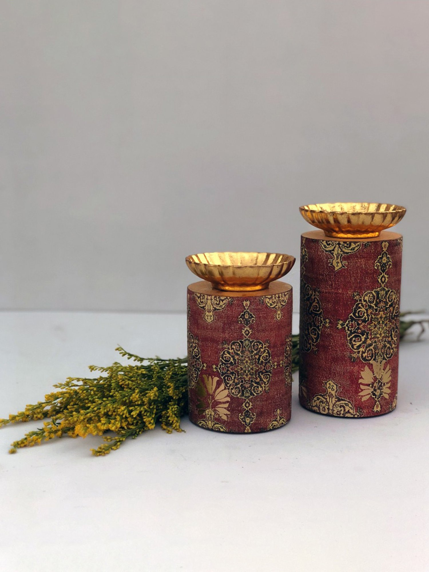 Karo Samara Printed Multicolor Wood Small Pillar Candle Holder