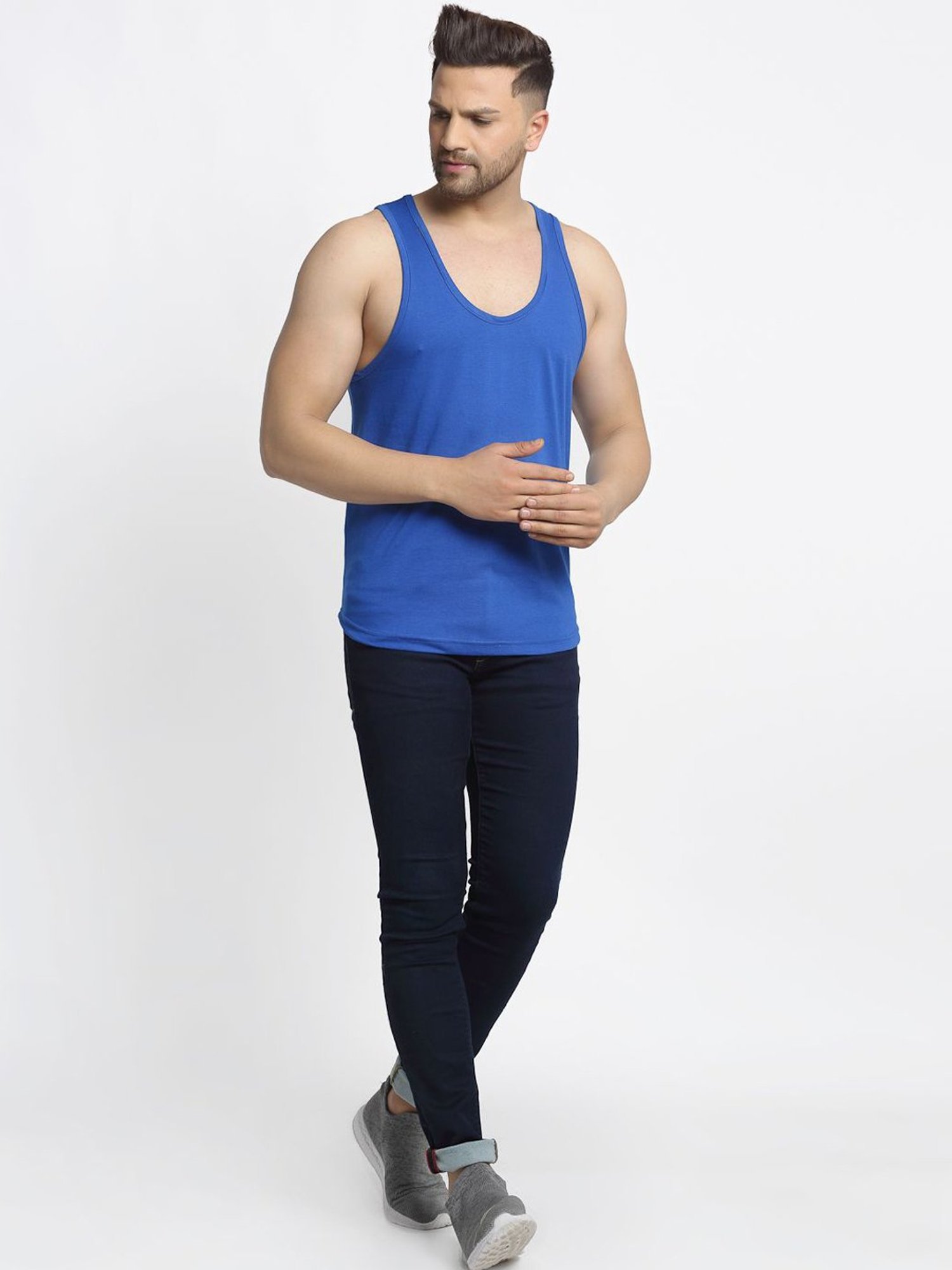 Friskers Blue Cotton Slim Fit Vest