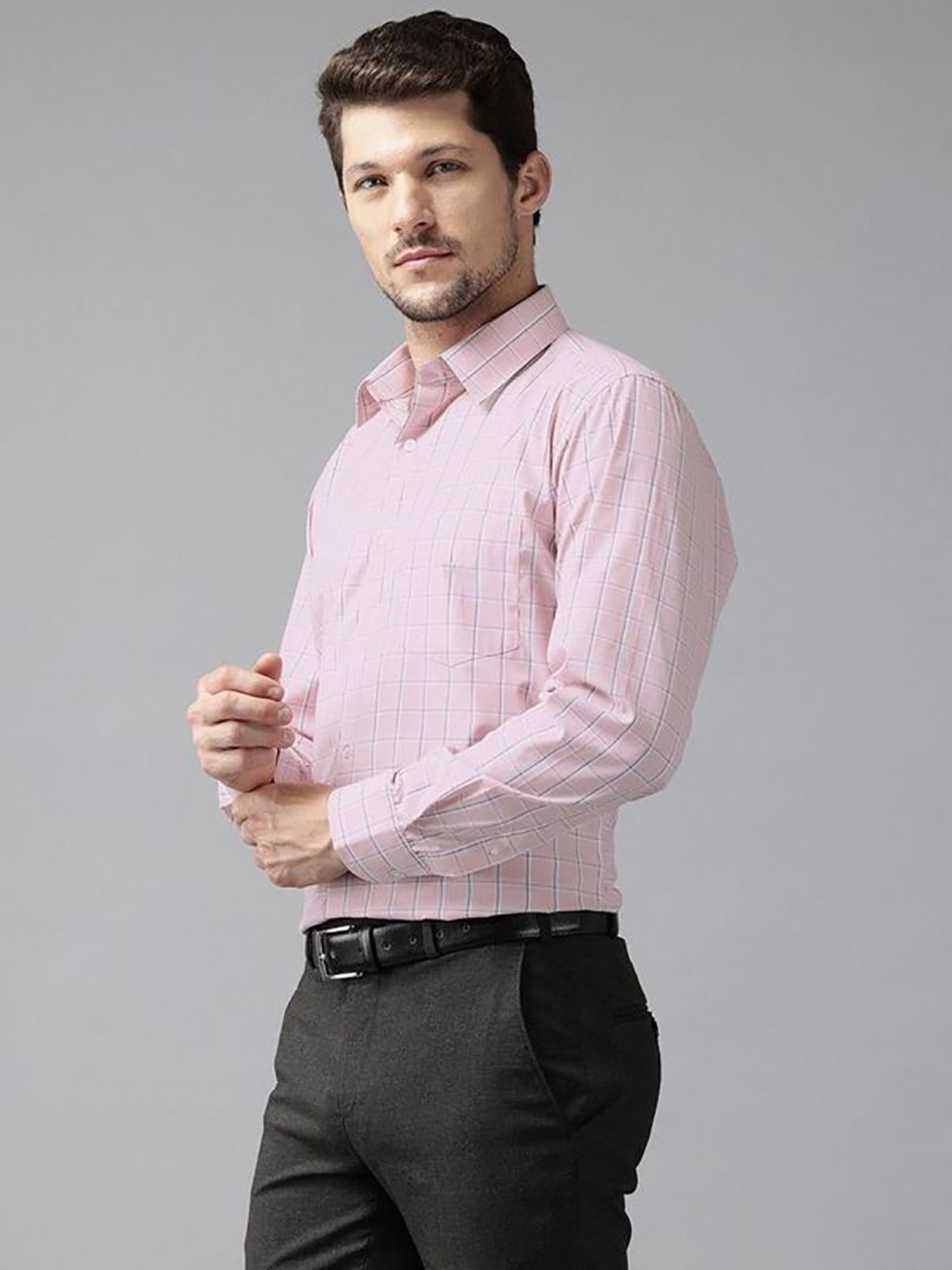 English Navy Pink Slim Fit Checks Shirts